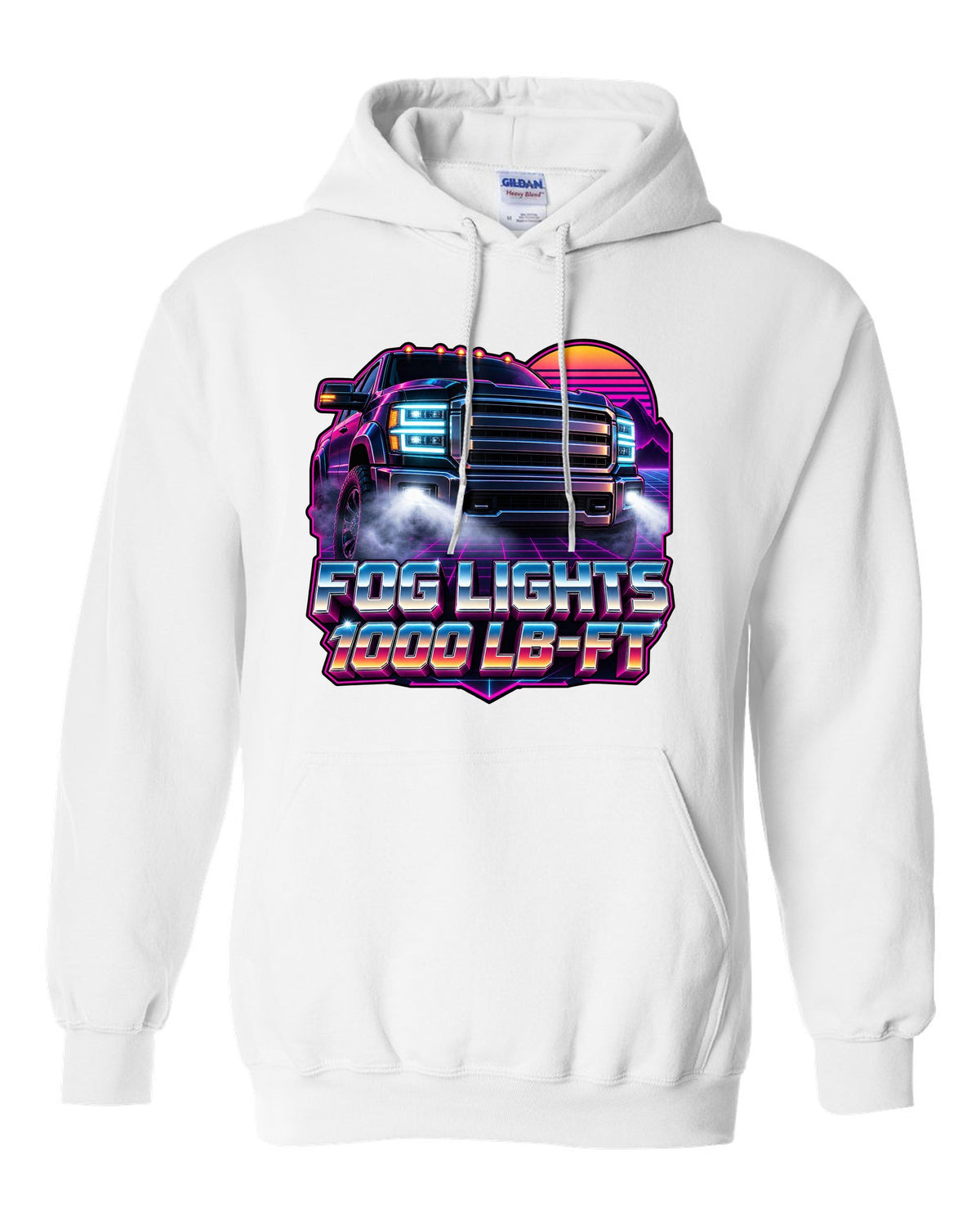 Neon synthwave grid print of a 2019-2024 Ram HD 2500 with the 6.7 HO and 1000 lb-ft text white pull over hoodie front view with the design