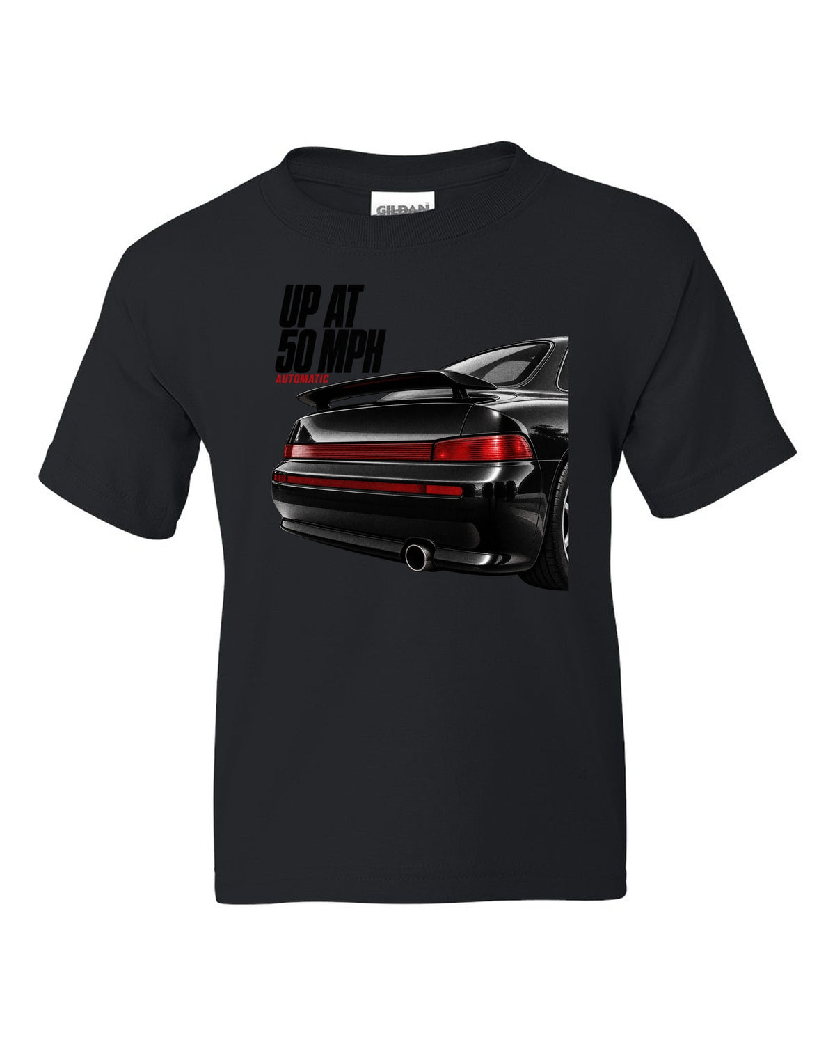 Detail macro print of the Porsche 911 Carrera 2 (964) rear spoiler with the caption Up At 50 MPH black kids tee front view with the design