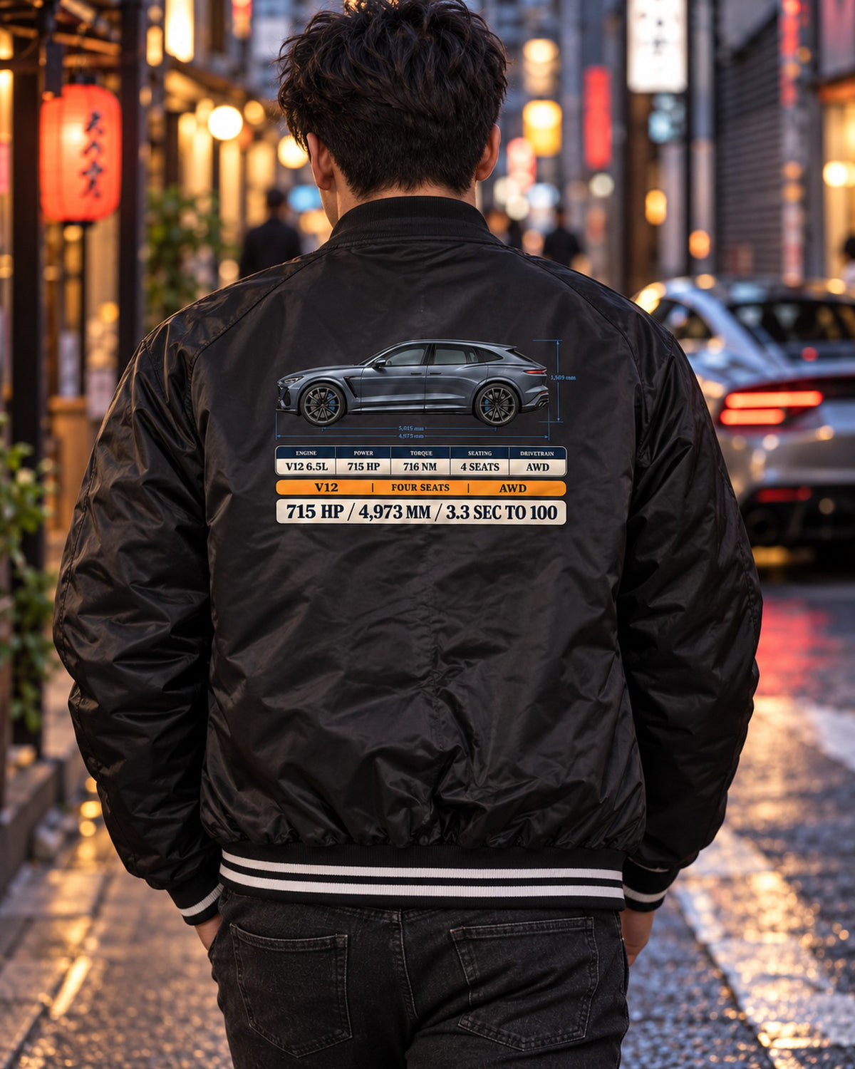 Ferrari Purosangue Spec Poster print Tee, 715 HP Bomber Jacket Black worn hero
