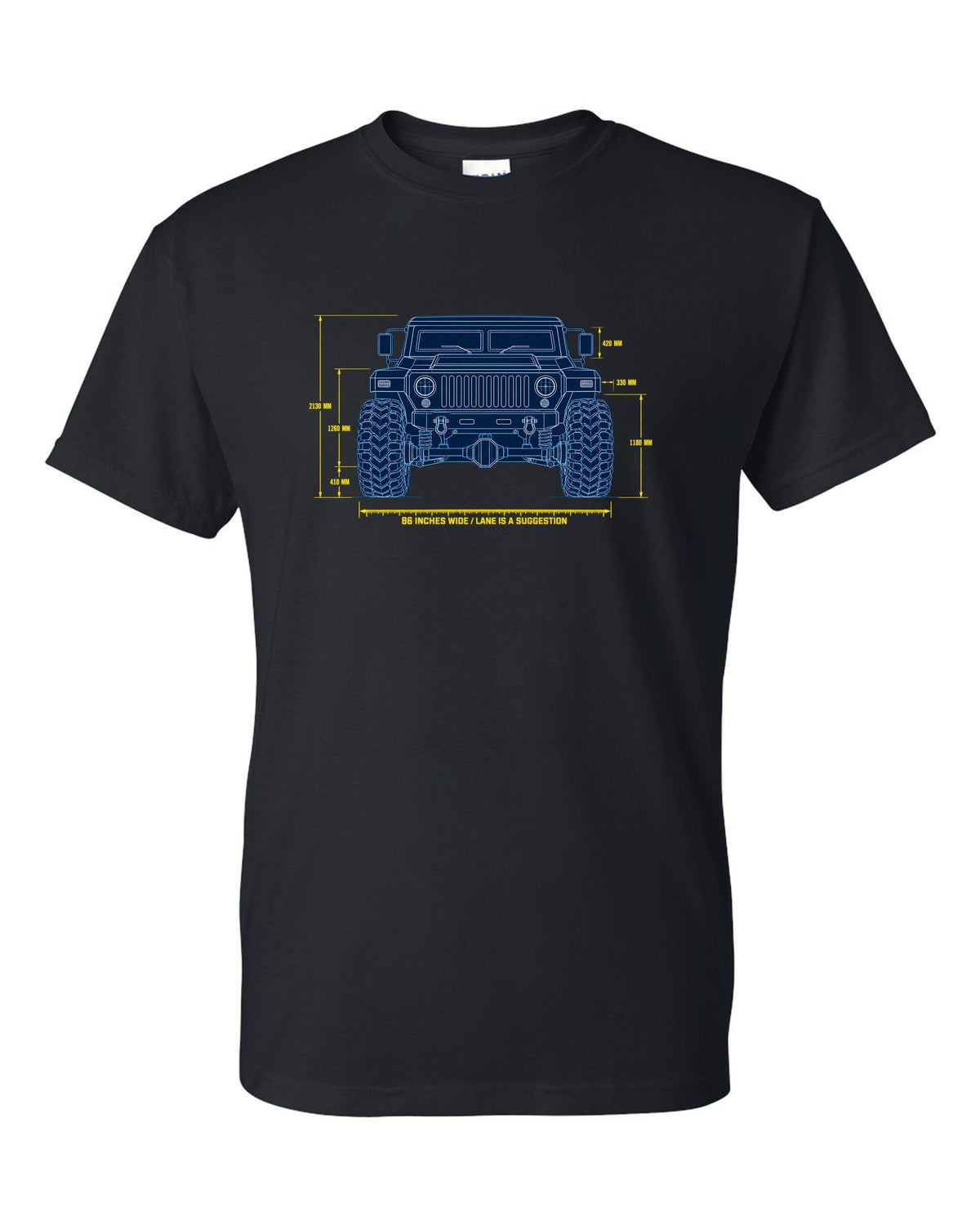 Blueprint patent line art print of the Hummer H1 M998 lineage with 86 inches wide text black t-shirt front view with the design
