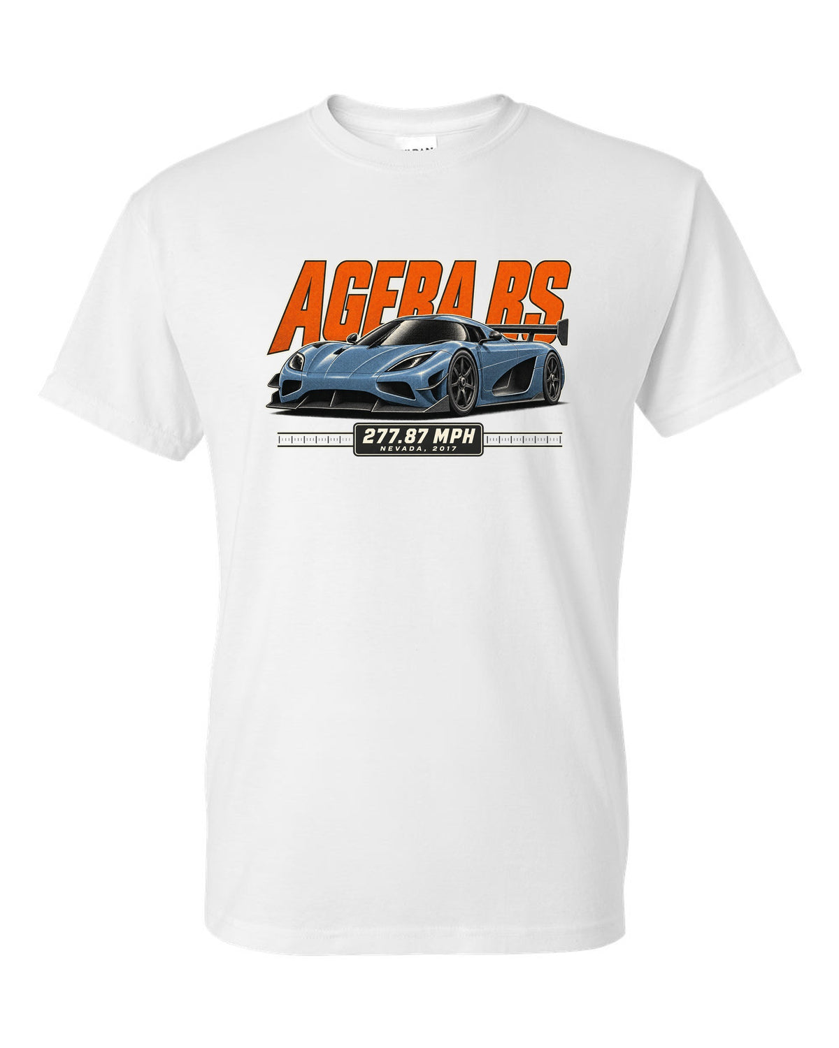 Halftone print of the Koenigsegg Agera RS with the text 277.87 mph, Nevada, 2017 white t-shirt front view with the design