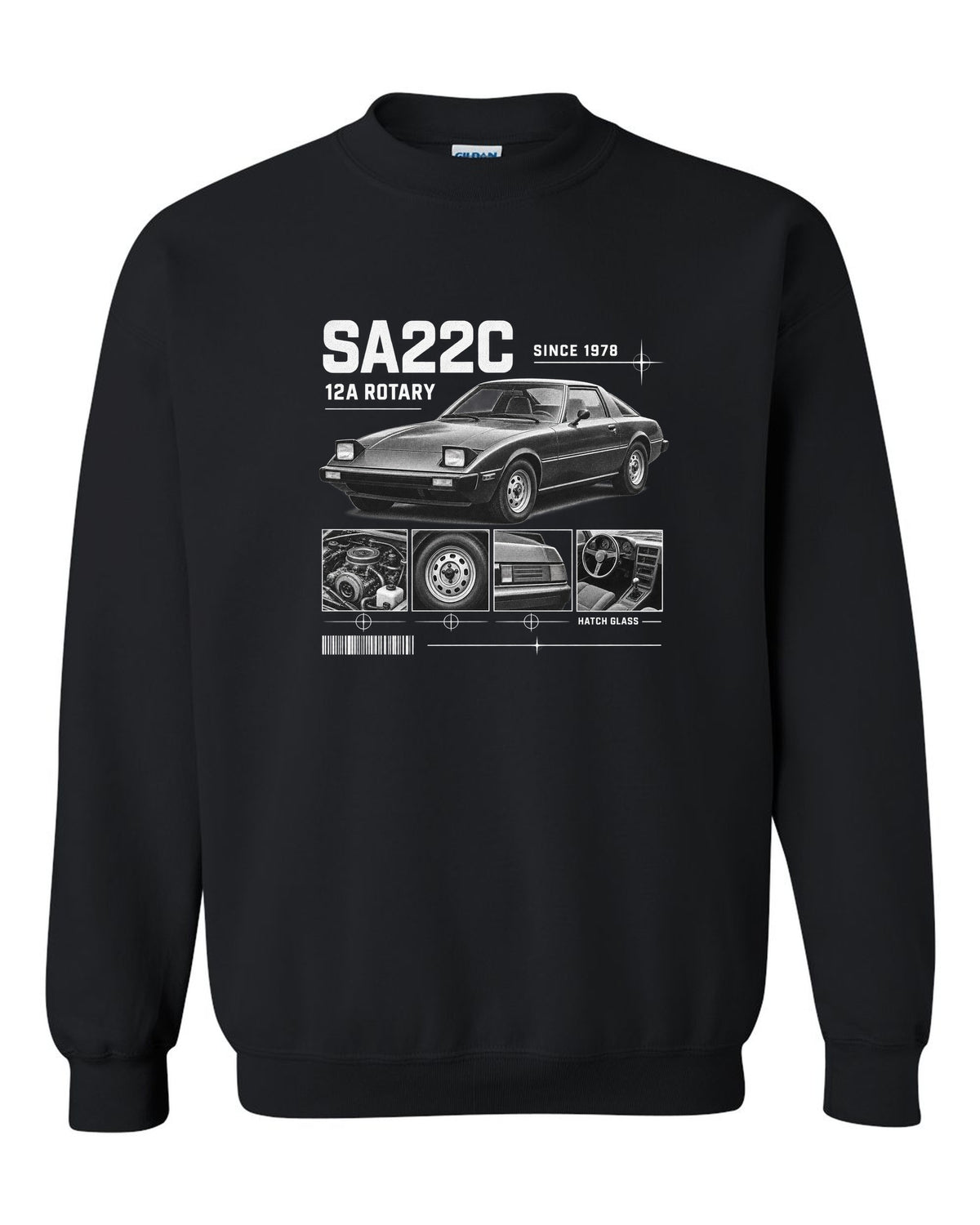 Dossier panel print of a Mazda RX-7 SA22C with 12A rotary lettering black crewneck front view with the design