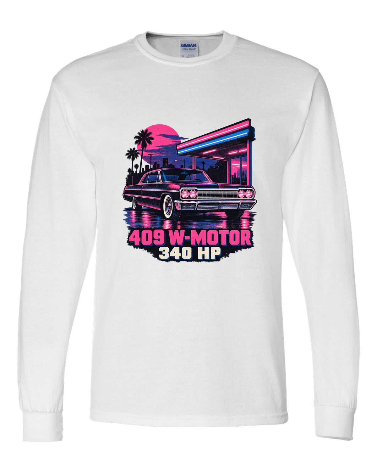 1964 Chevrolet Impala SS in pink and blue risograph neon rain with text 409 W-Motor 340 HP white long sleeve front view with the design