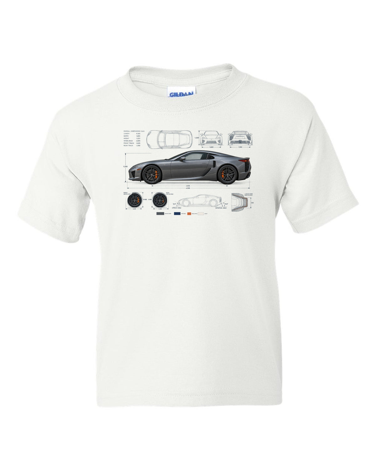 Blueprint style print of the Lexus LFA LFA10 with V10 spec lines white kids tee front view with the design