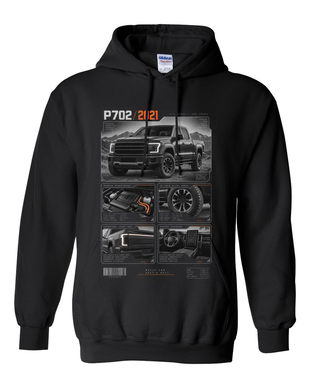 Dossier panel print of a 2021 Ford F-150 P702 light bar with five engines text black pull over hoodie front view with the design