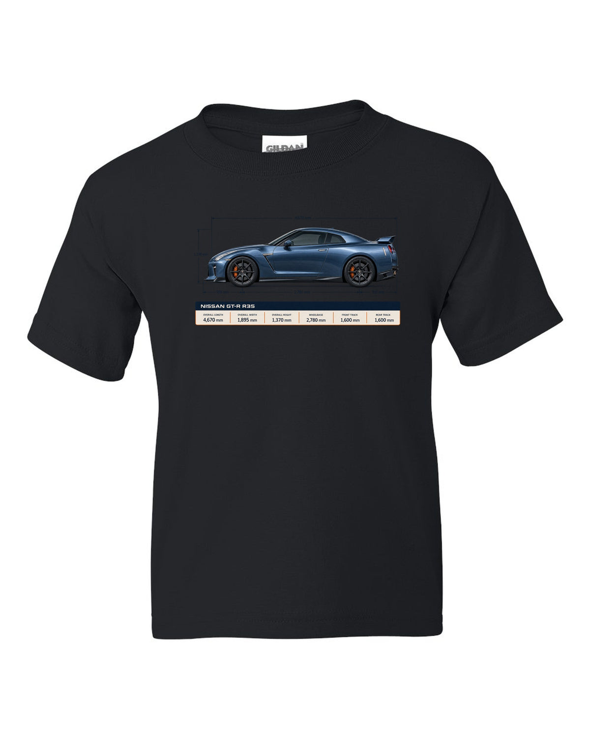 Nissan GT-R R35 Premium in gunmetal grey with an editorial headline layout black kids tee front view with the design