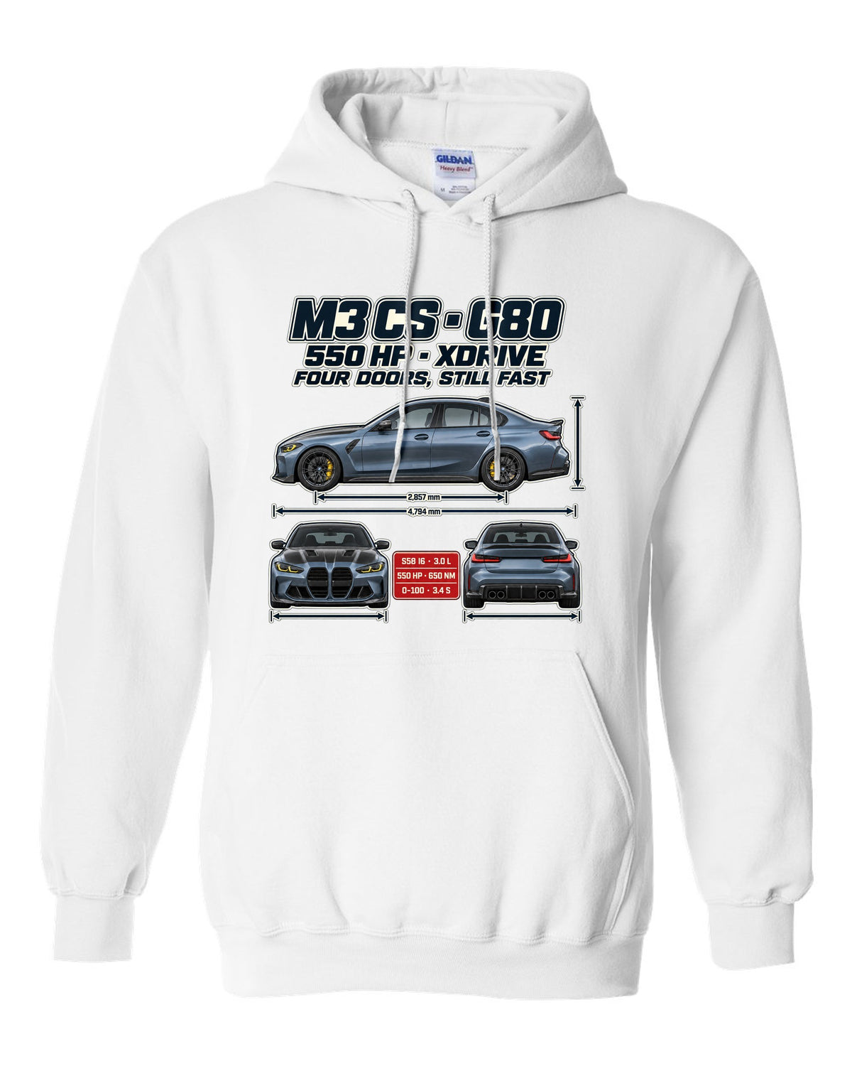 BMW M3 CS G80 2023 spec poster print white pull over hoodie front view with the design