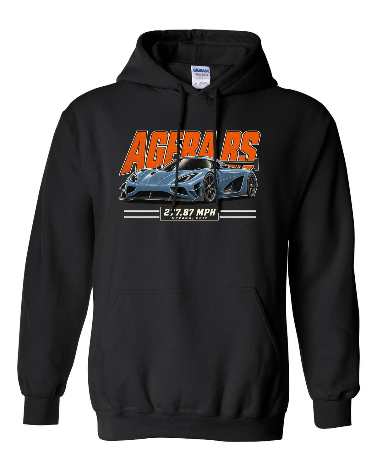 Halftone print of the Koenigsegg Agera RS with the text 277.87 mph, Nevada, 2017 black pull over hoodie front view with the design