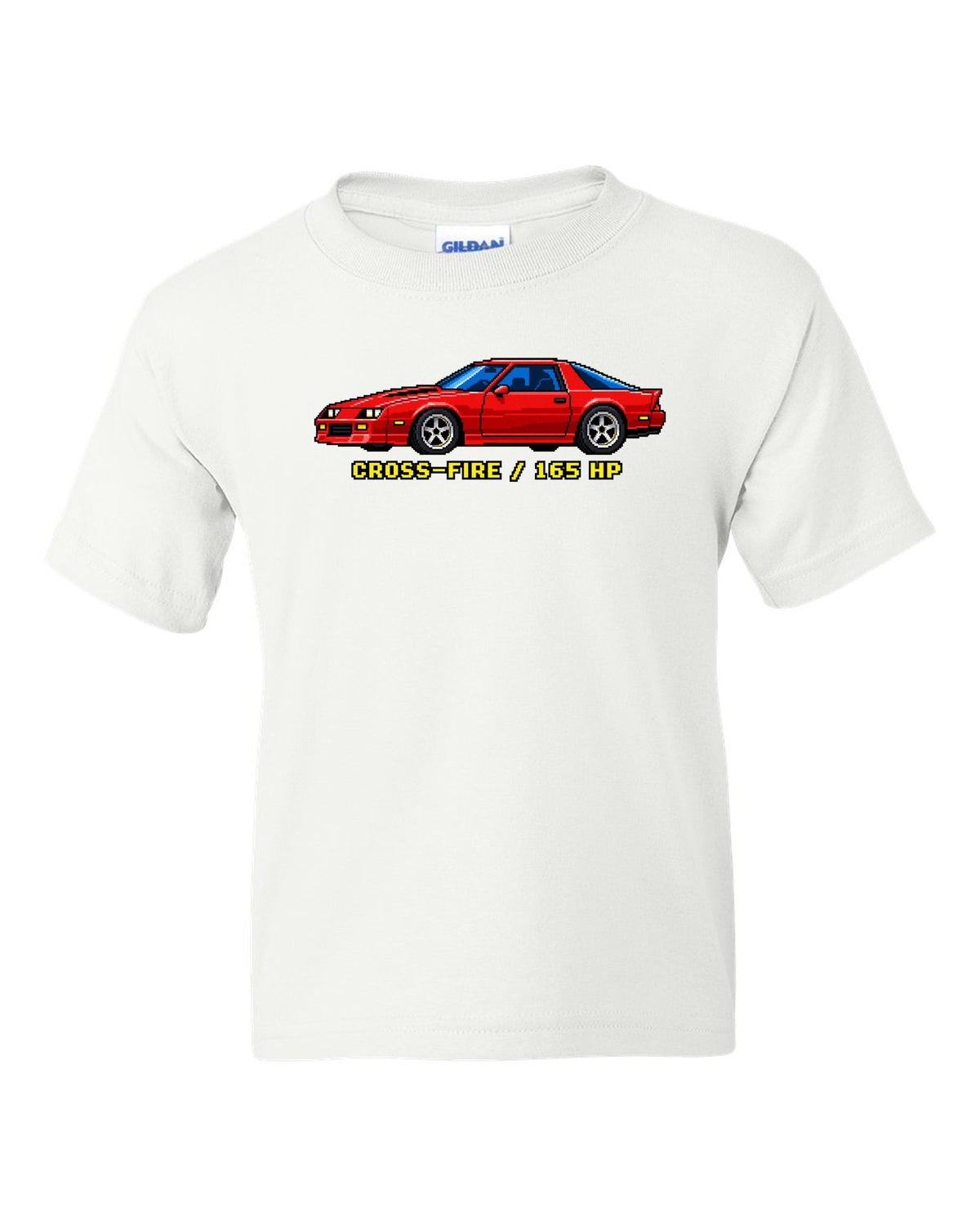 1982 Camaro Z28 third-generation chback in 16-bit pixel art with Cross-Fire 165 HP text white kids tee front view with the design