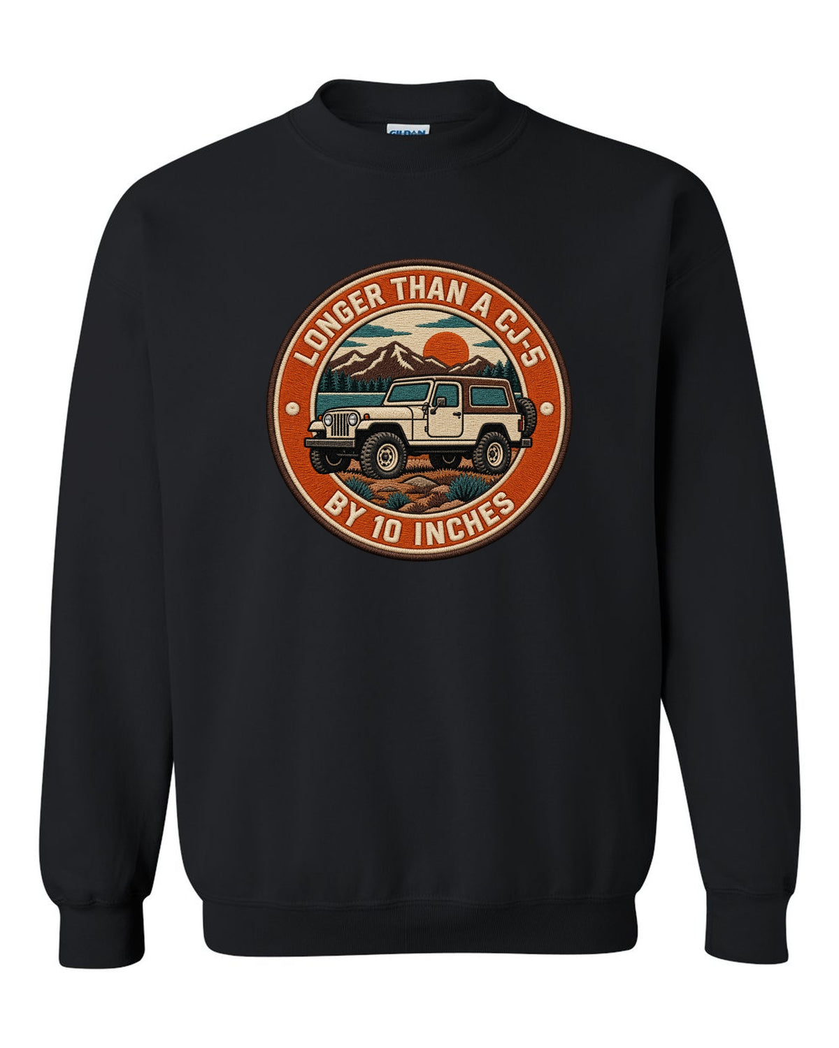 Embroidery-style varsity crest print of a Jeep CJ-7 with wheelbase text black crewneck front view with the design