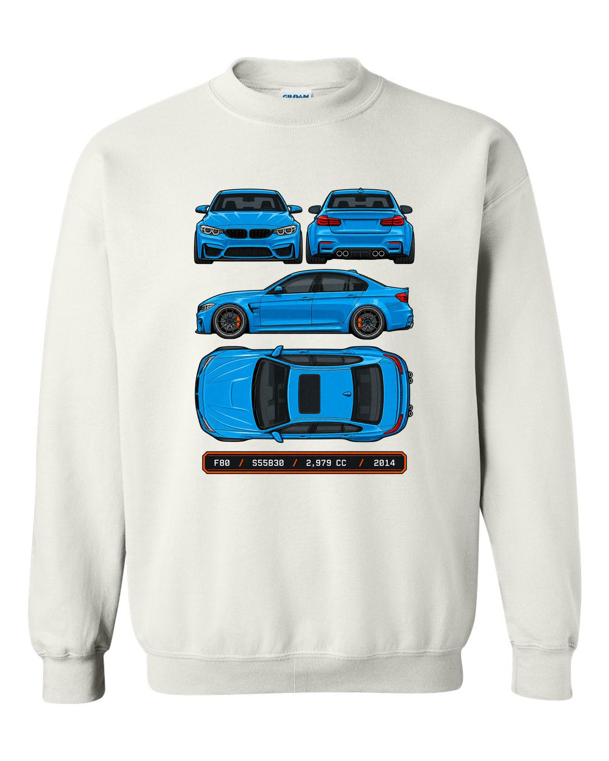 Spec plate style print of a BMW F80 M3 sedan with F80 S55B30 2,979 cc 2014 text white crewneck front view with the design