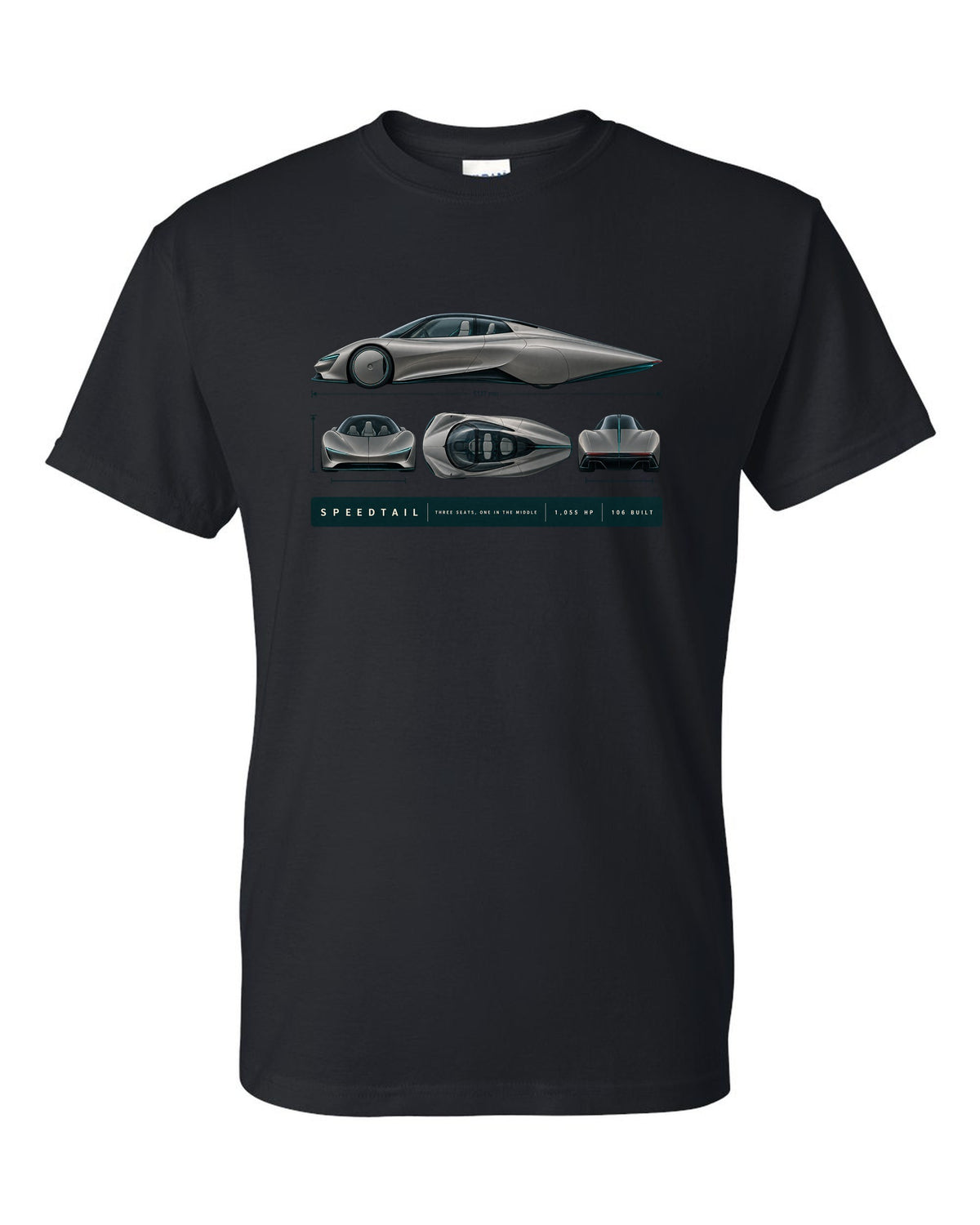 Warm grey and teal length blueprint print of a McLaren Speedtail black t-shirt front view with the design