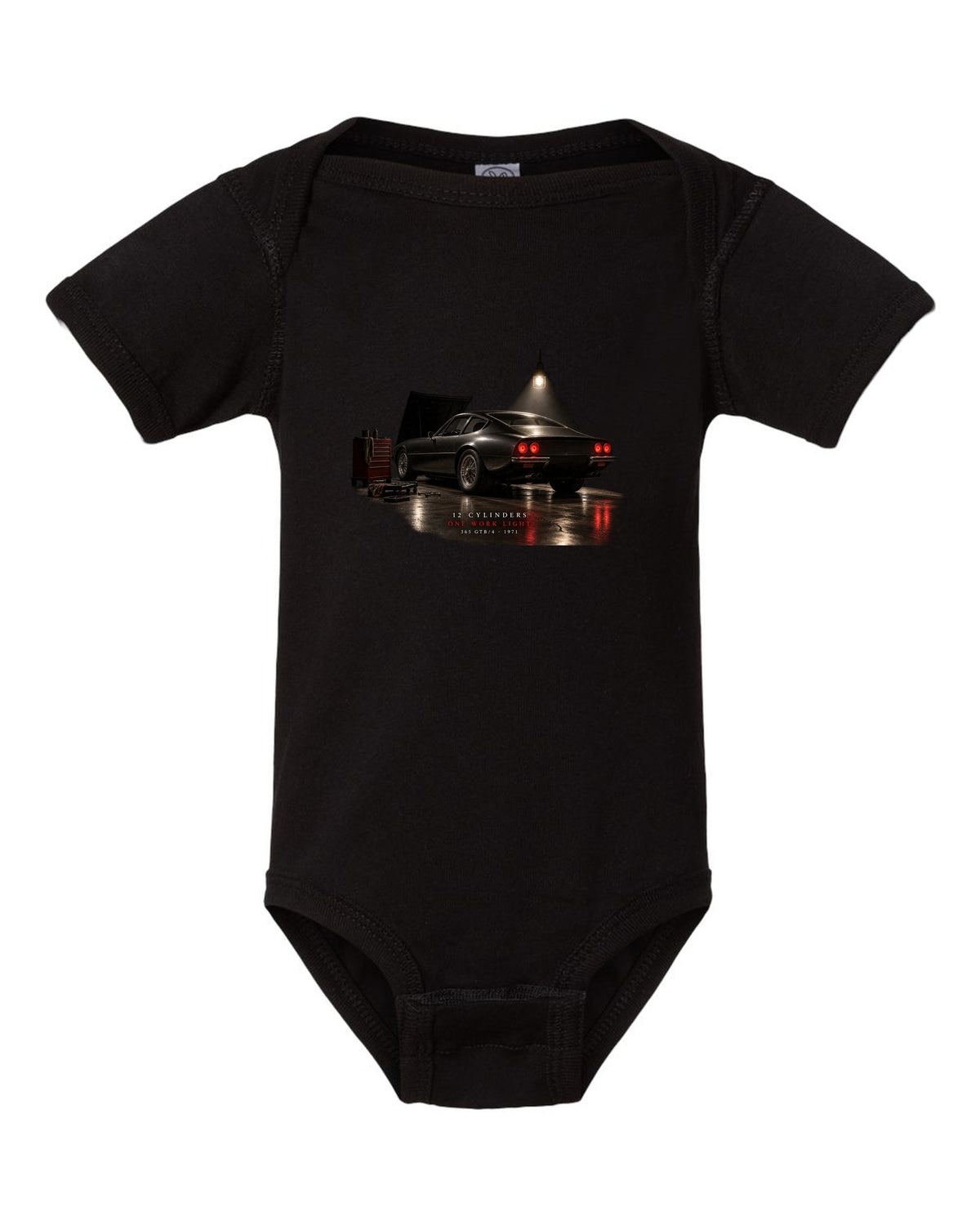 Ferrari 365 GTB/4 Daytona 1971 rear three-quarter garage night print, one work light black baby onesie front view with the design