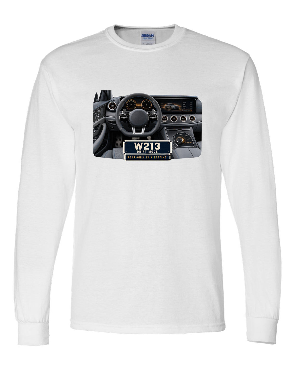 Cockpit and gauge print of a Mercedes-AMG E63 S W213 interior with drift mode white long sleeve front view with the design