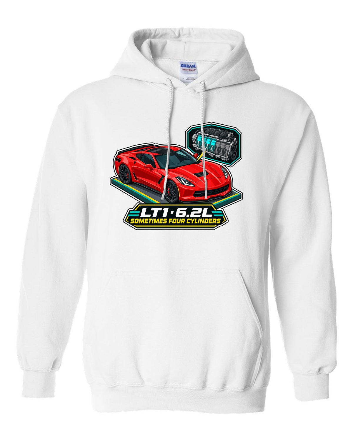 Art deco Le Mans night racing poster print of a yellow Chevrolet Corvette C8.R with LT1 6.2L lettering white pull over hoodie front view with the design