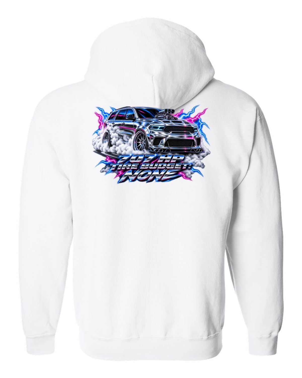 80s airbrush chrome print of a Jeep Grand Cherokee WK2 Trackhawk with 707 HP text white zip hoodie back view with the design