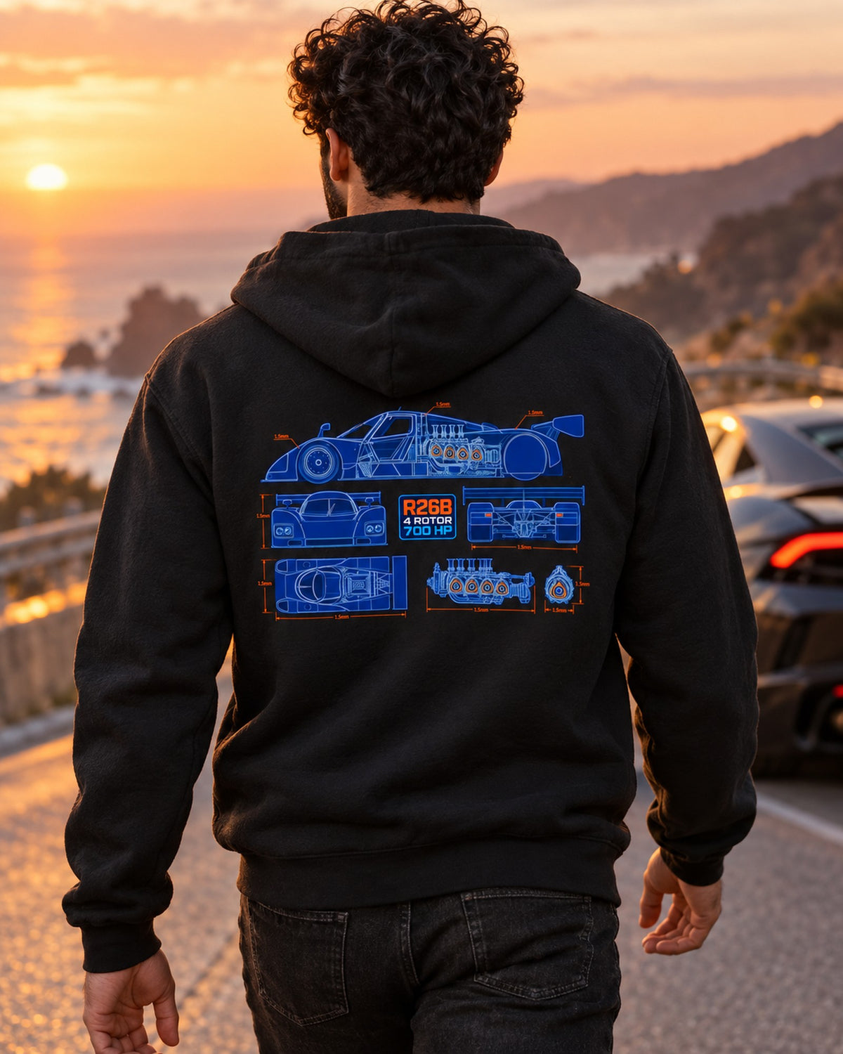 Mazda 787B R26B Engine Cutaway Blueprint Shirt, 4 Rotor Zip Hoodie Black worn hero