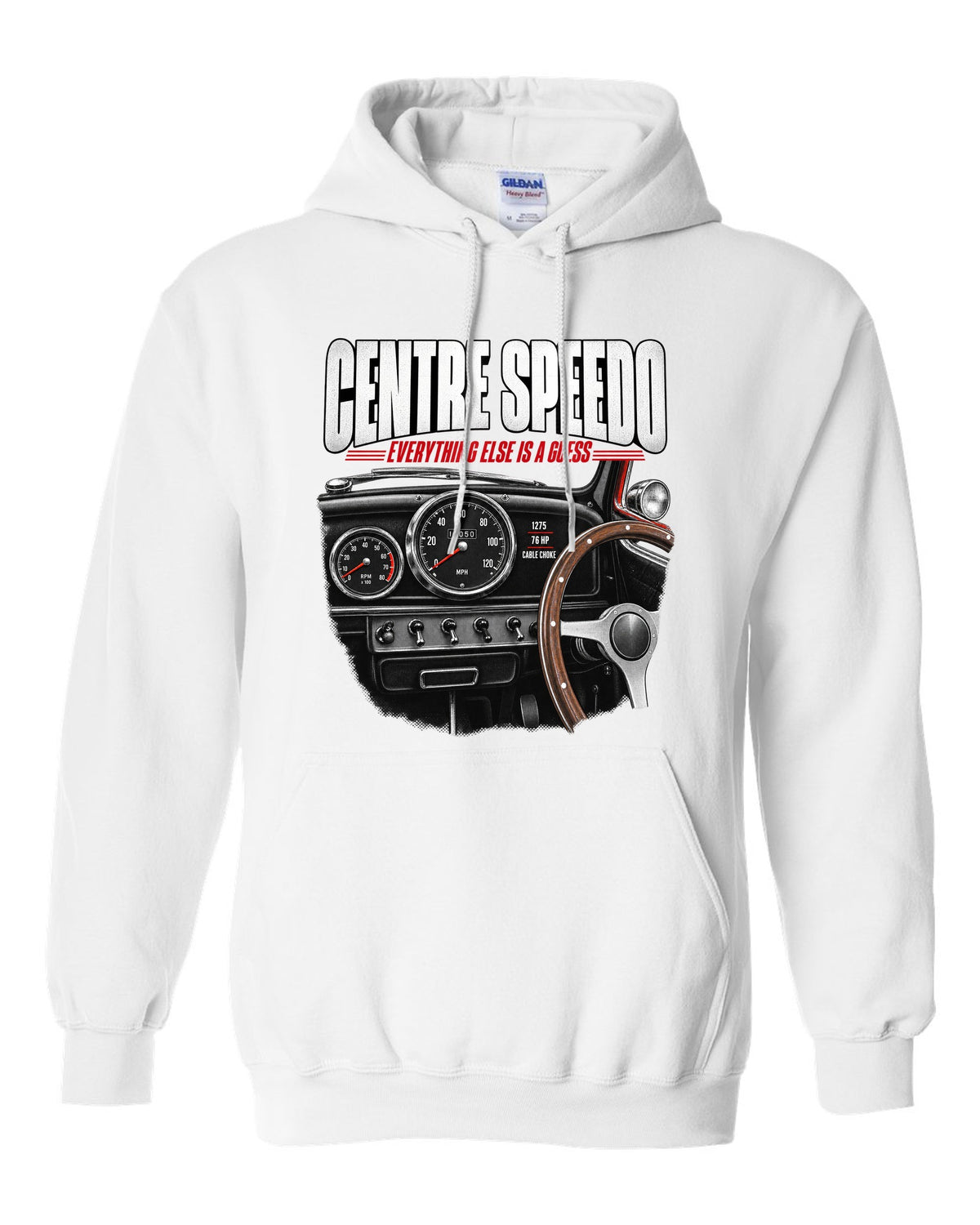 print of the 1967 Classic Mini Cooper S interior with centre speedometer and 1275 spec lettering white pull over hoodie front view with the design