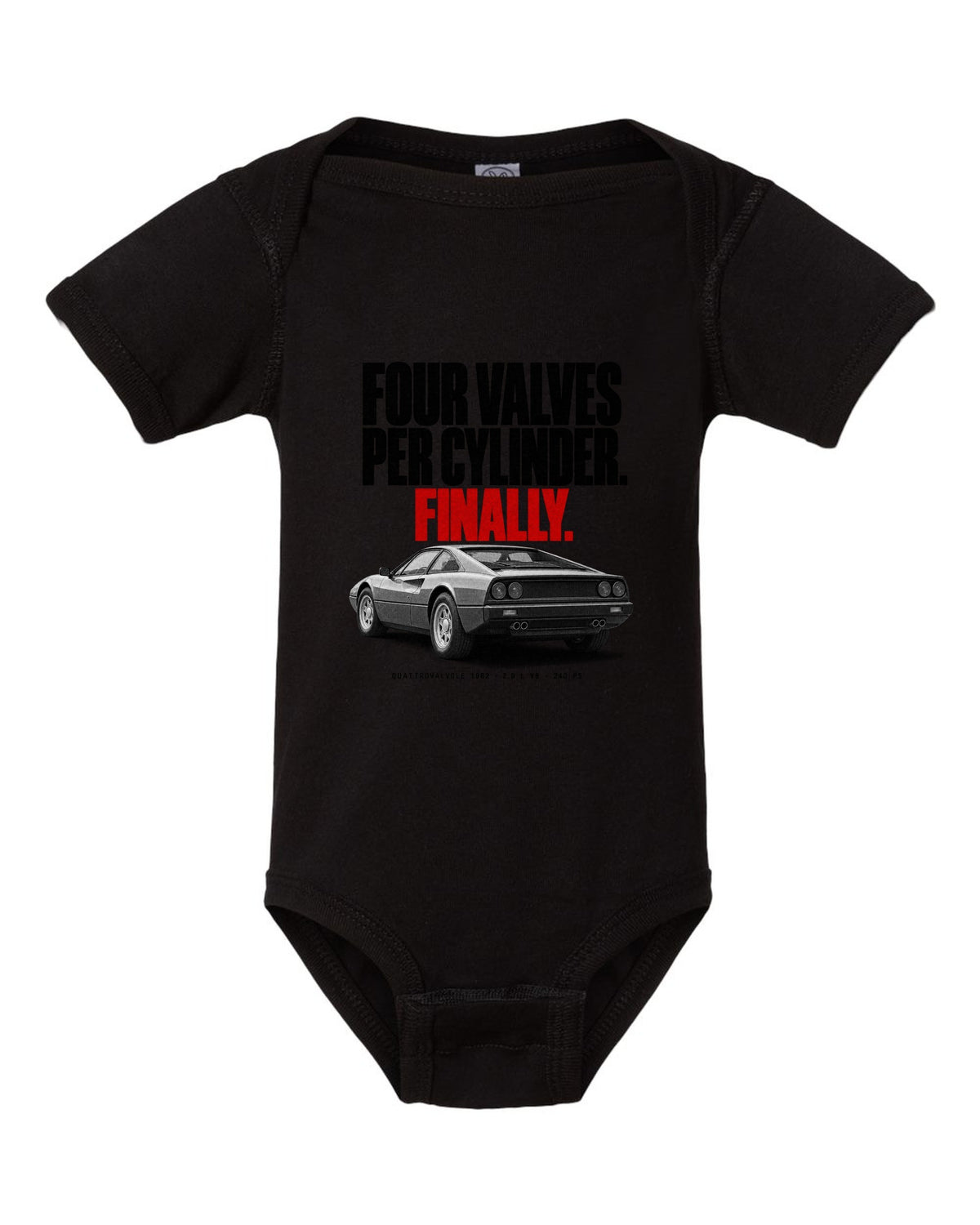 Ferrari 308 GTB Quattrovalvole 1982 rear three-quarter halftone print, four valves per cylinder black baby onesie front view with the design