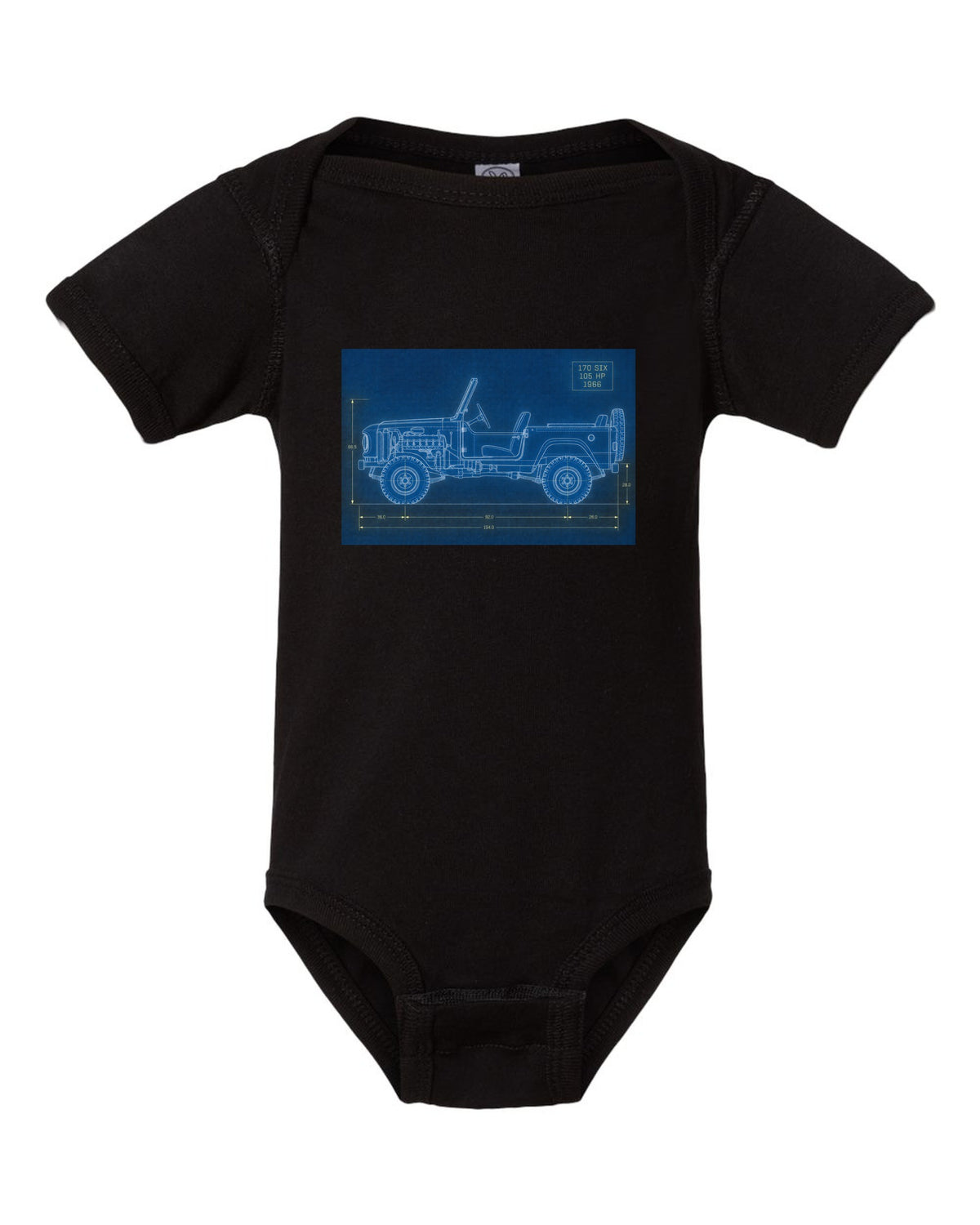 Blueprint-style line art of a 1966 Ford Bronco U13 roadster at a trailhead with 170 SIX 105 HP notes black baby onesie front view with the design