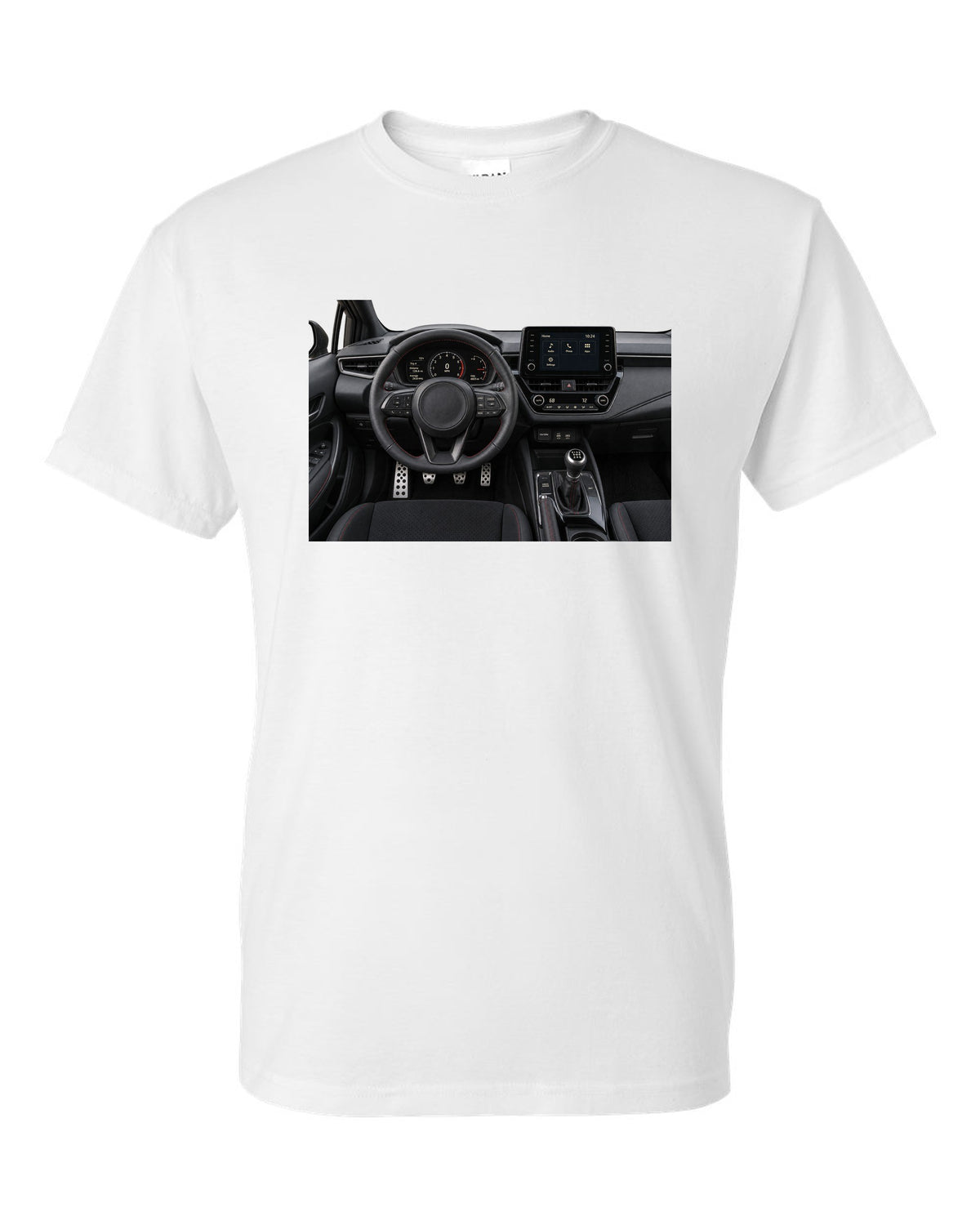 Overhead Toyota GR Yaris G16E-GTS engine bay illustration white t-shirt front view with the design