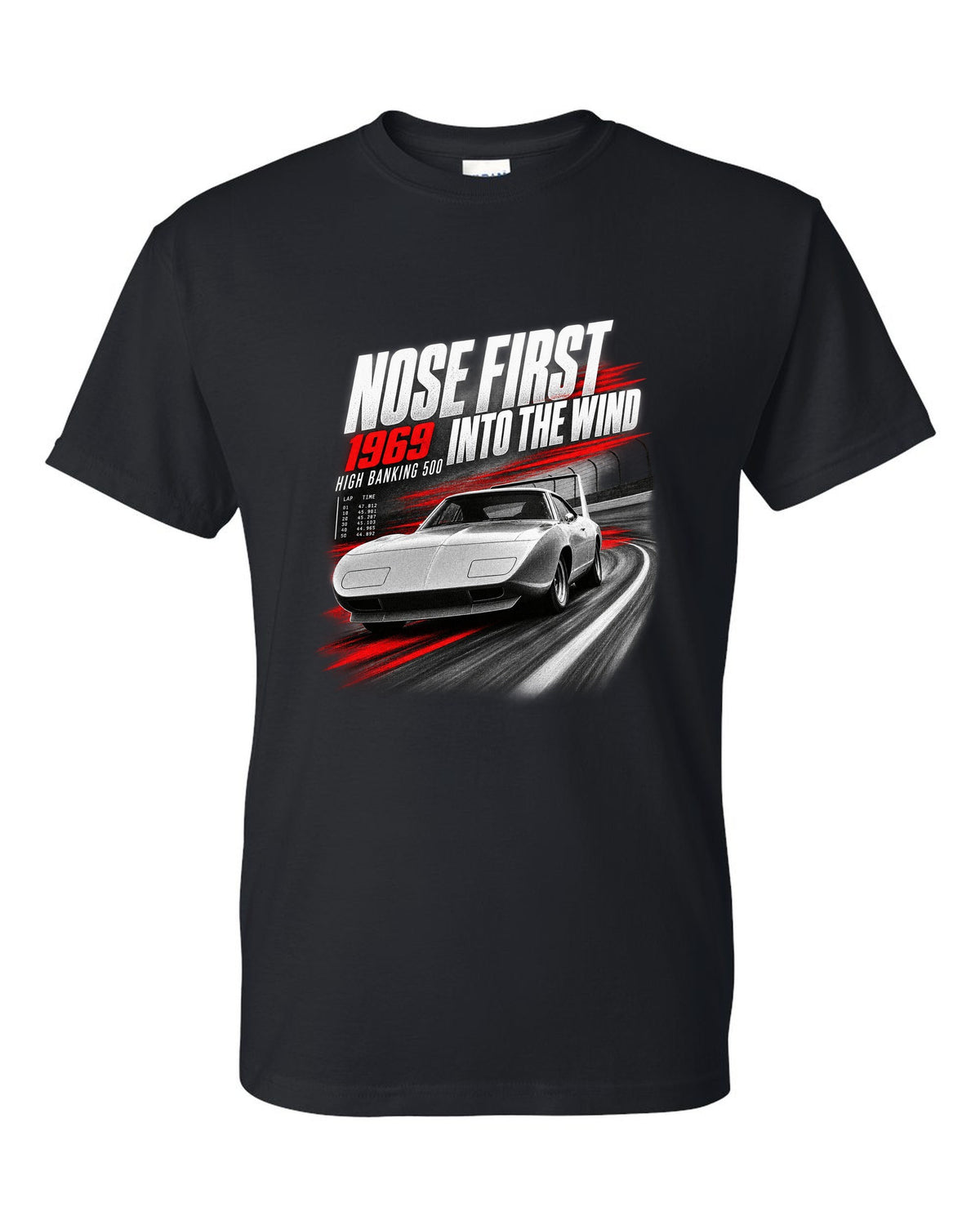 1969 Dodge Charger Daytona race poster print with nose first into the wind lettering black t-shirt front view with the design