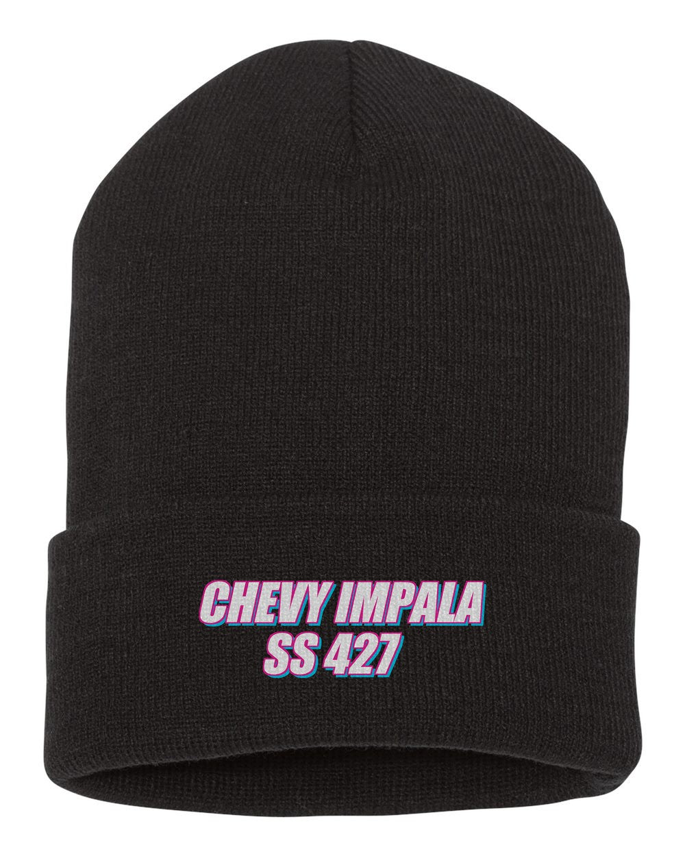 Chevy Impala Ss 427 black beanie front view with car name