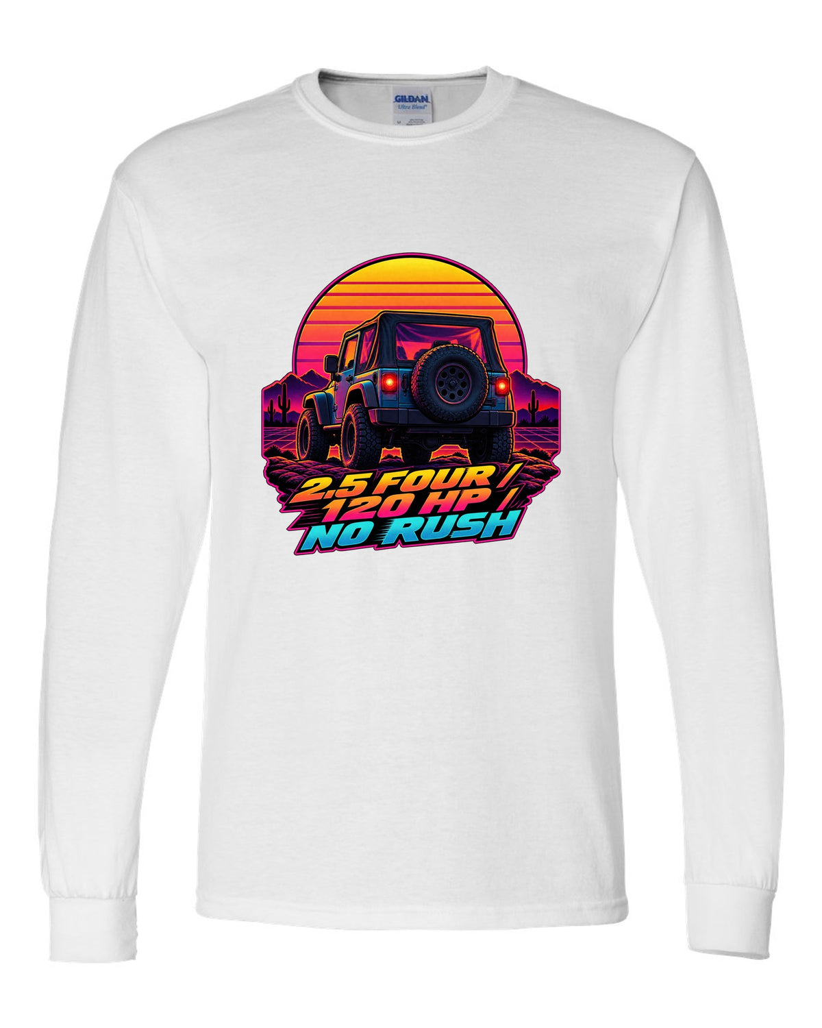 Synthwave sunset illustration of a Jeep Wrangler TJ tailgate with 2.5 FOUR 120 HP NO RUSH lettering white long sleeve front view with the design