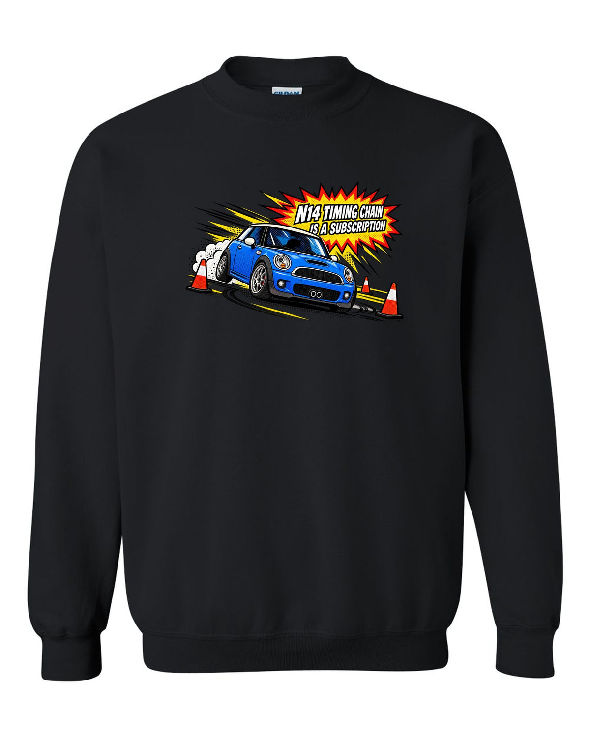 Comic halftone pop-art Mini Cooper S R56 with N14 timing chain joke black crewneck front view with the design