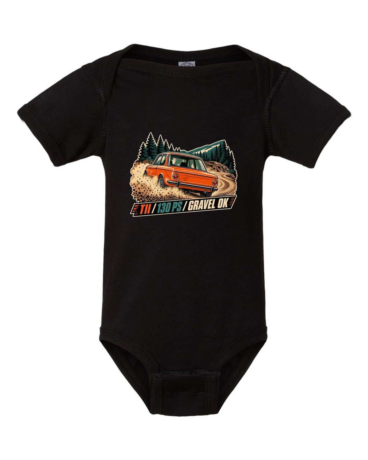 BMW 2002 tii vintage hillclimb race poster print with 130 PS text black baby onesie front view with the design