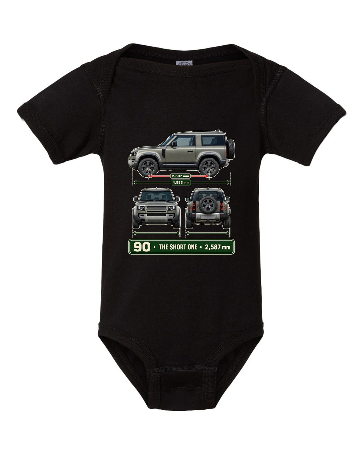 Three-view drawing with spec table print of the Land Rover Defender 90 L663 black baby onesie front view with the design