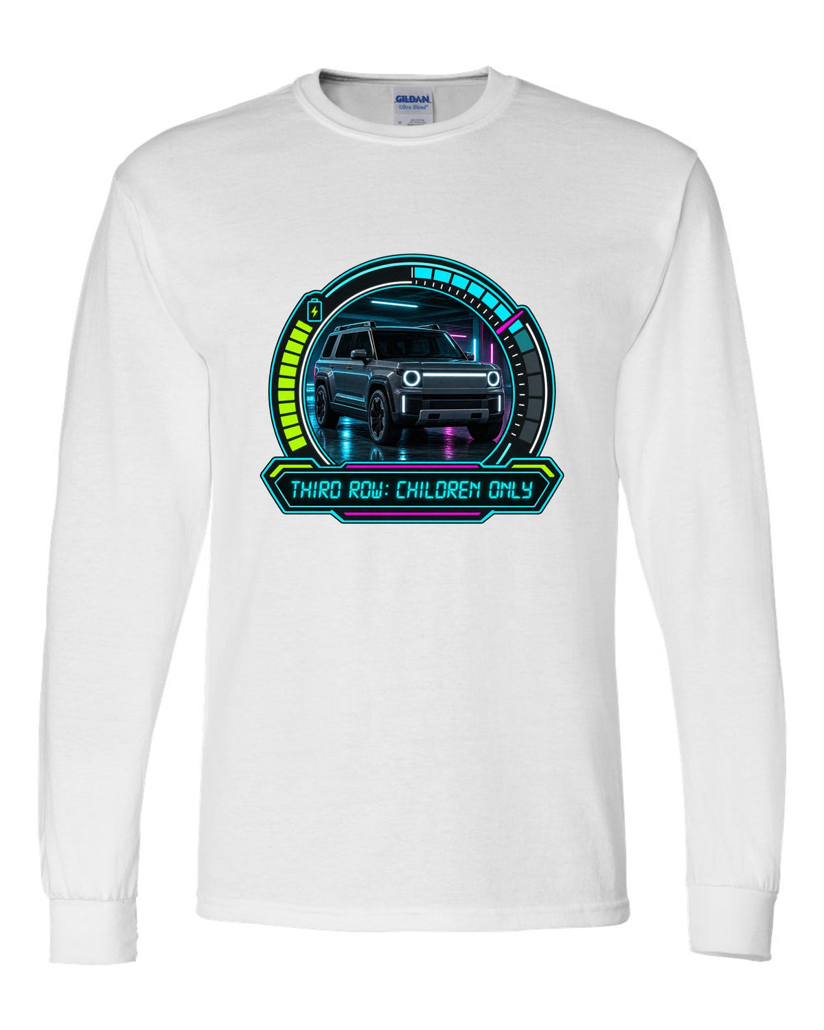 Rivian R1S dashboard gauge cluster HUD print with the text third row children only white long sleeve front view with the design