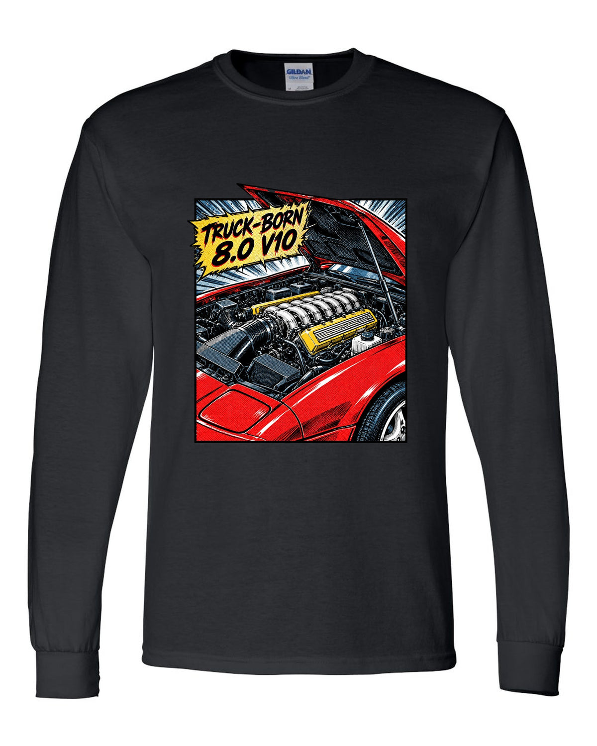 Retro manga halftone panel of a 1993 Dodge Viper RT/10 SR I with 8.0 V10 caption black long sleeve front view with the design