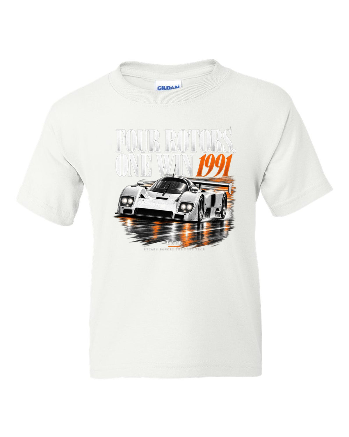 Mazda 787B four rotors editorial headline print, 1991 R26B white kids tee front view with the design
