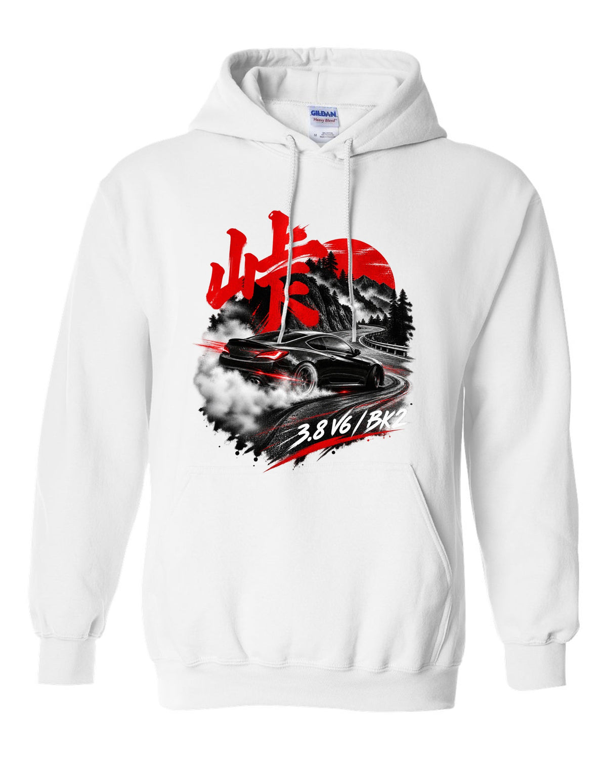 Hyundai Genesis Coupe BK2 on a mountain pass at night with kanji touge text white pull over hoodie front view with the design