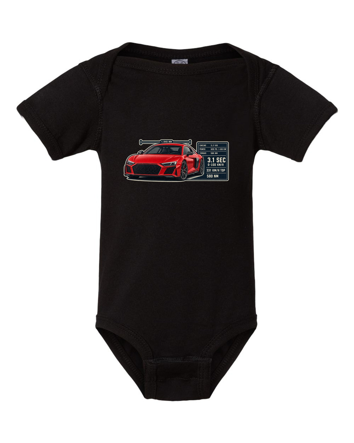 Audi R8 V10 performance coupe spec poster print design black baby onesie front view with the design