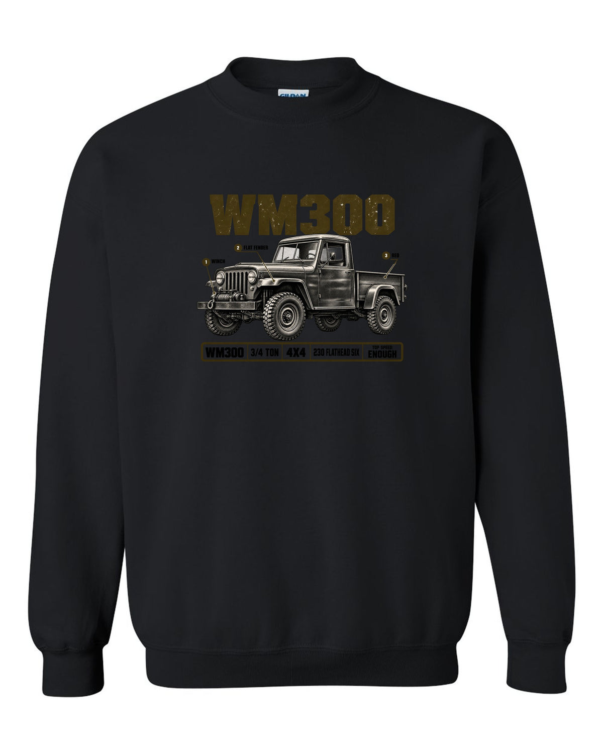Spec poster print of a 1960-1971 Dodge Power Wagon WM300 flat fender truck black crewneck front view with the design