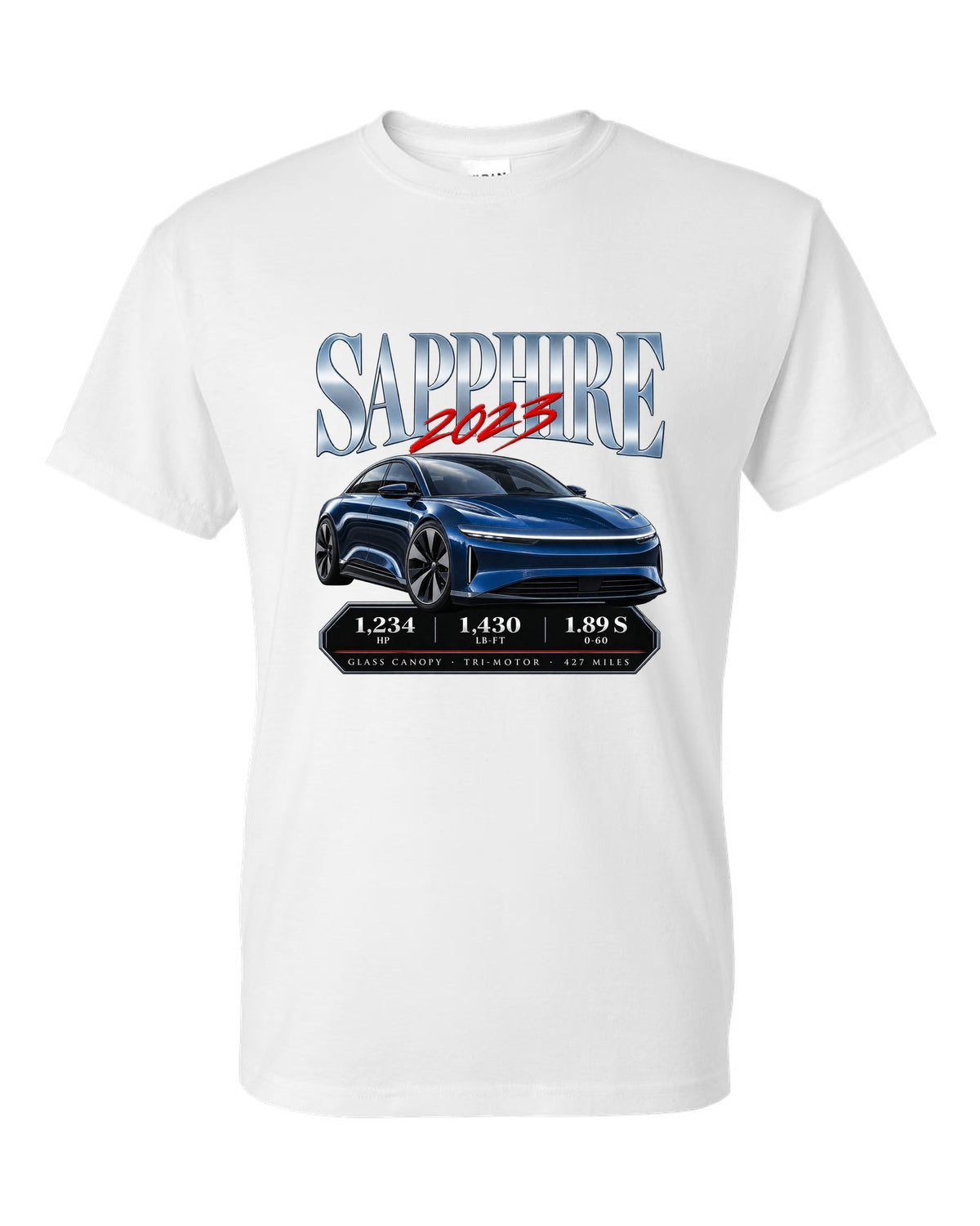 Archive panel print of a 2023 Lucid Air Sapphire with horsepower and range figures white t-shirt front view with the design
