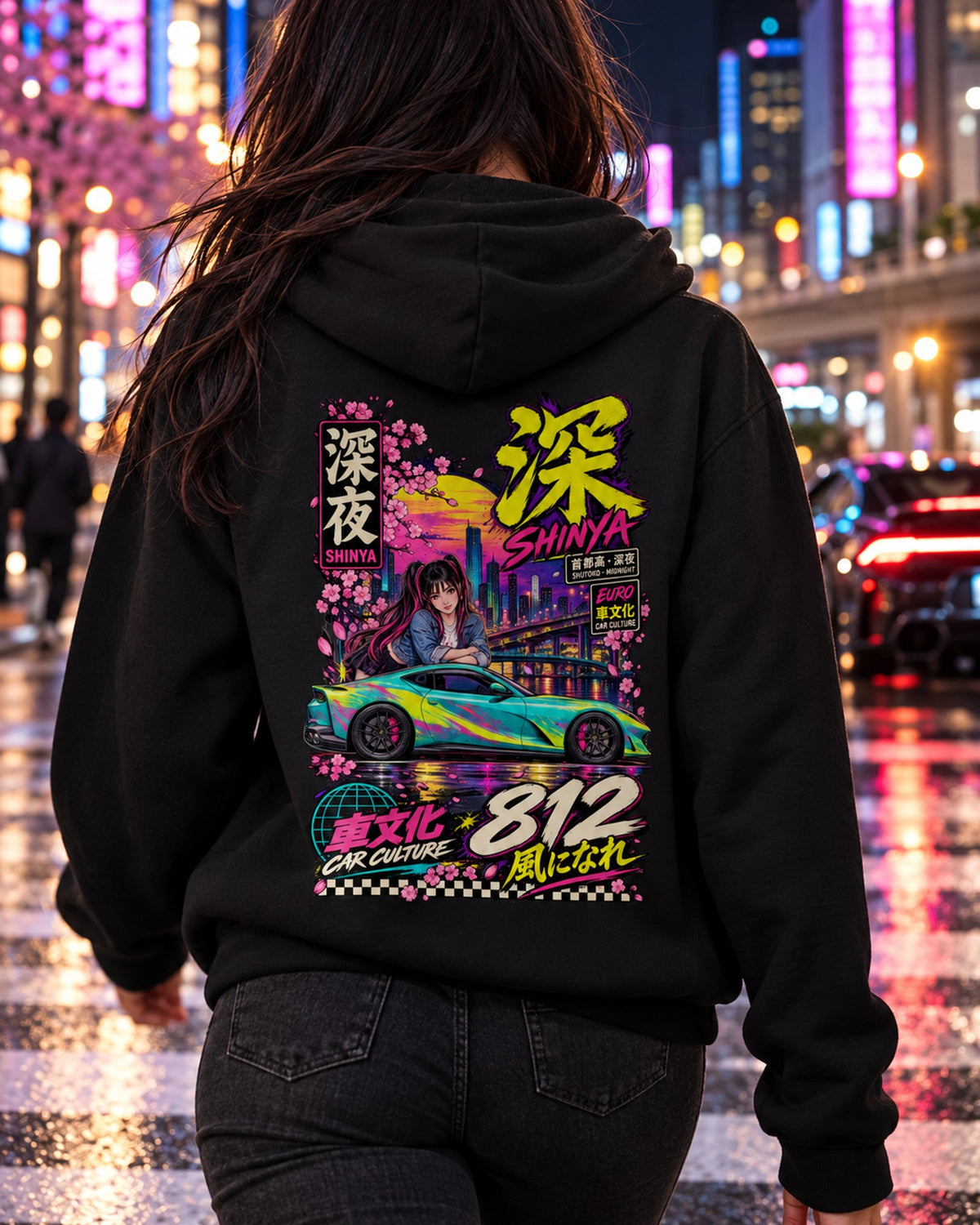 SHINYA 812 Anime Girl Full-Back Graphic Tee Pull Over Hoodie Black worn hero