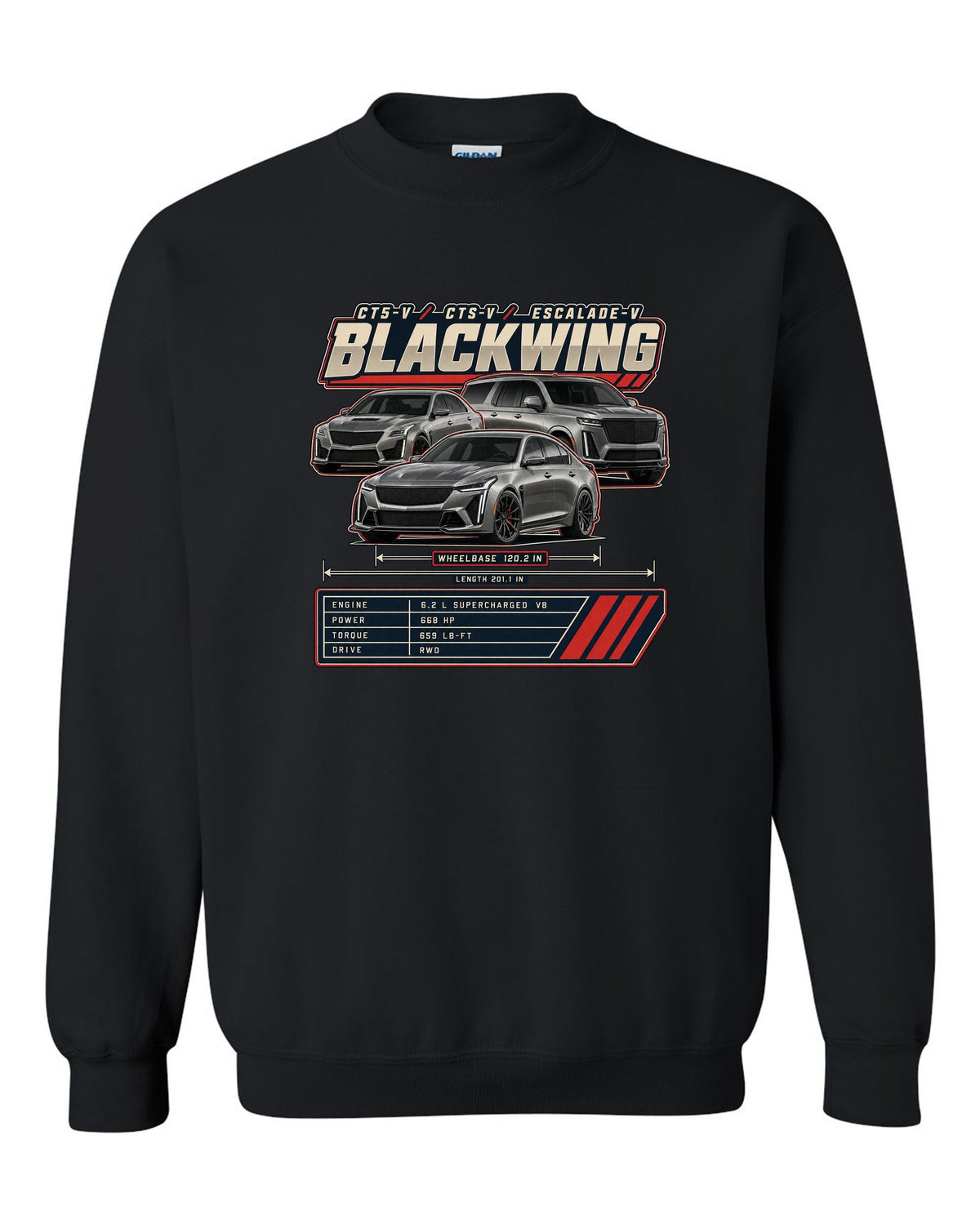 Spec poster print of a Dodge Charger SRT Hellcat Redeye Widebody black crewneck front view with the design