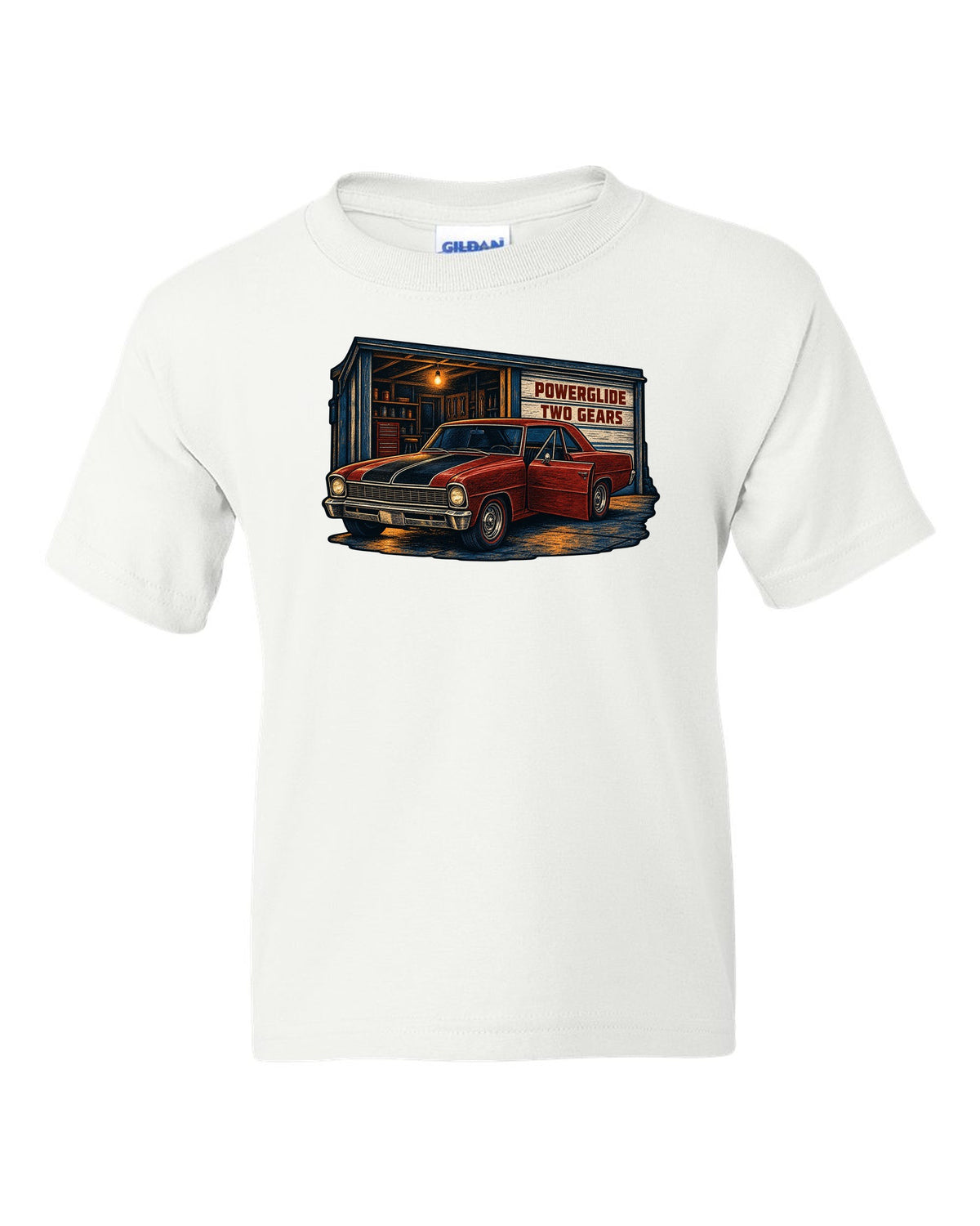Linocut print of a 1967 Chevrolet Nova Chevy II parked in a garage with Powerglide lettering white kids tee front view with the design