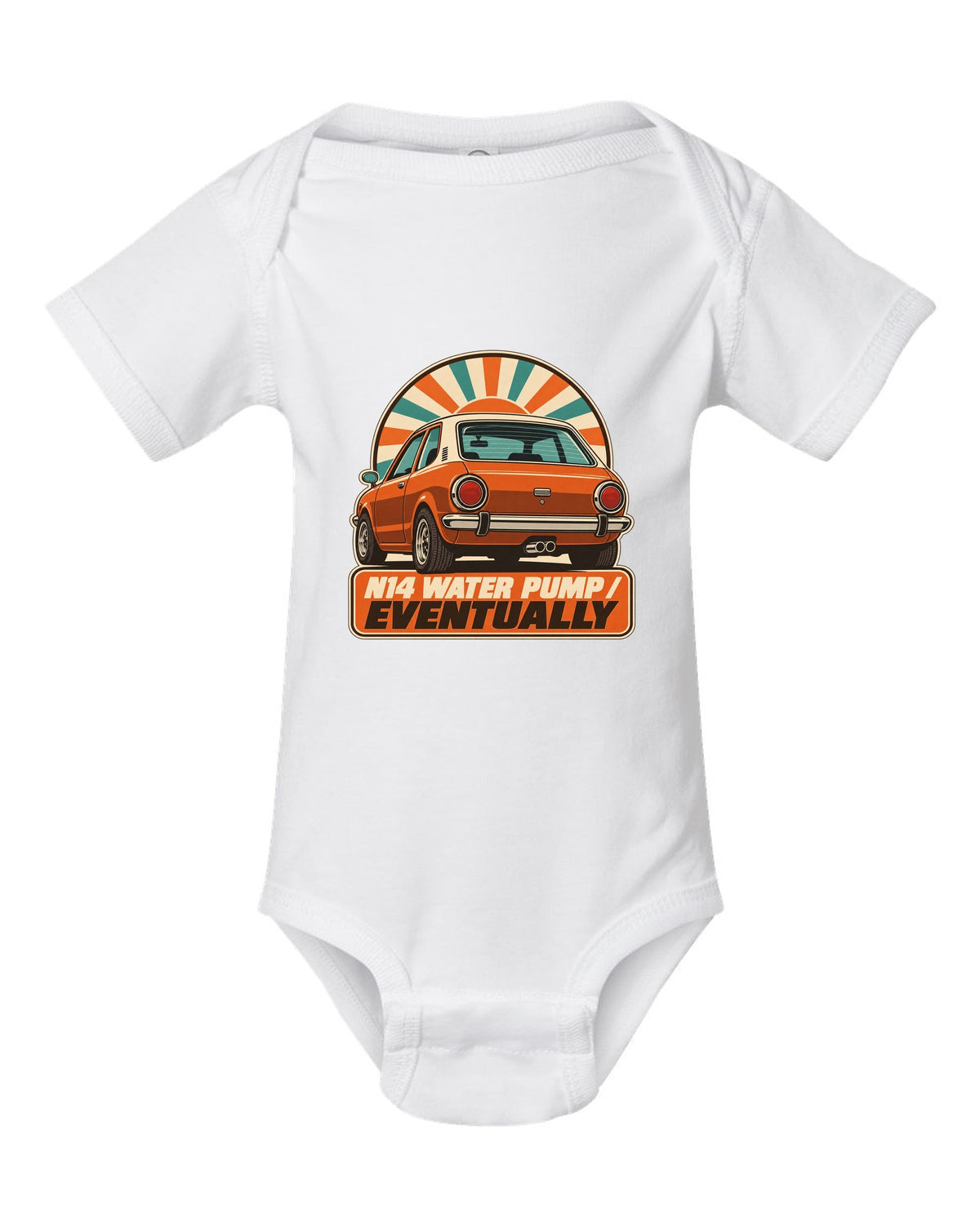 1970s catalogue-style ad of a Mini Cooper S R56 with N14 water pump text white baby onesie front view with the design