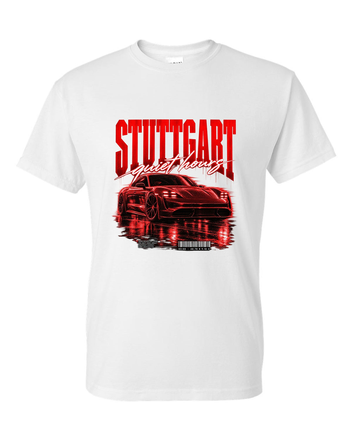 Low widebody Porsche Taycan Turbo S 9J1 street poster with Stuttgart coordinates white t-shirt front view with the design