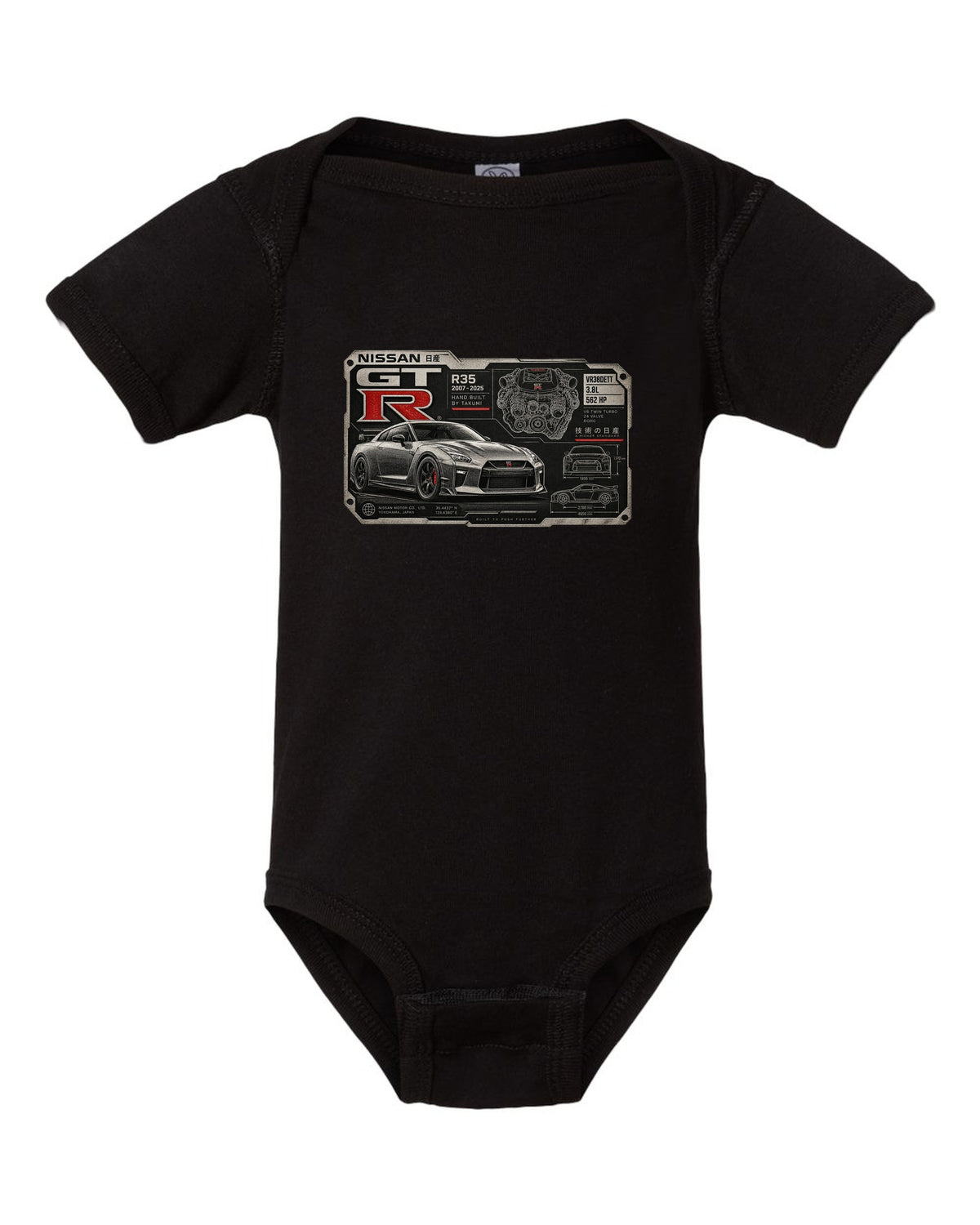 Spec sheet data plate print for the Nissan GT-R R35 showing VR38DETT 3.8L 562 HP black baby onesie front view with the design