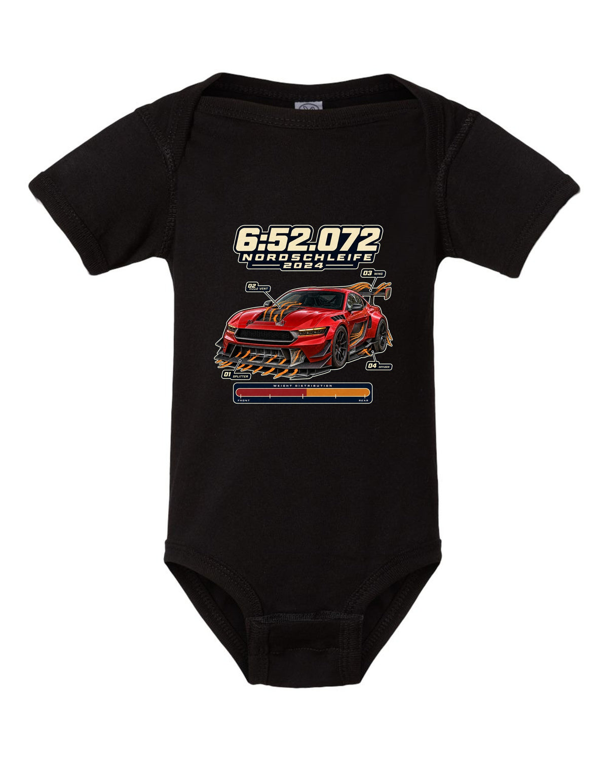 print of a Mustang GTD with aero callouts and 6:52.072 Nordschleife 2024 text black baby onesie front view with the design