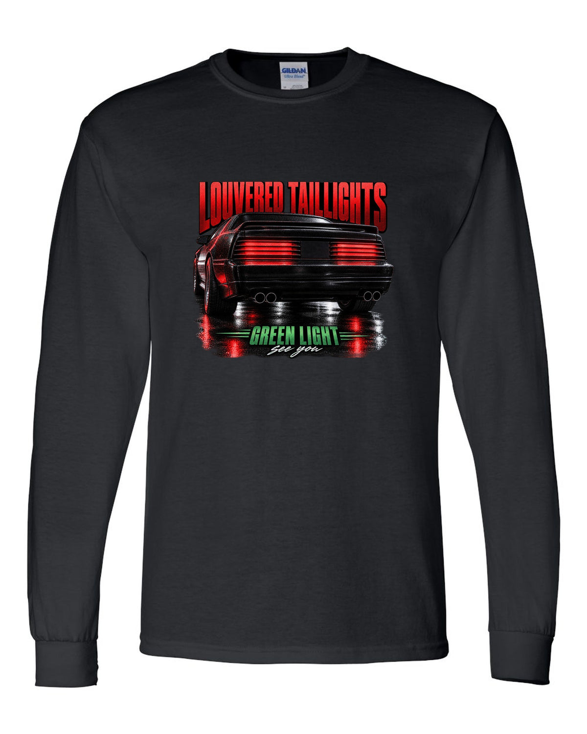Macro print of a louvered Fox Body Mustang GT taillight, 1987-93 black long sleeve front view with the design