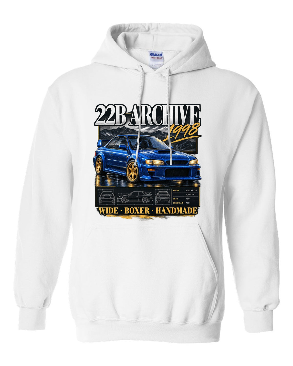 Archive panel print of a Subaru Impreza 22B STi GC8 with 400 built lettering white pull over hoodie front view with the design
