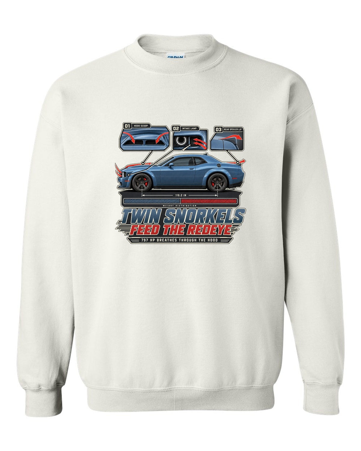 Dodge Challenger Hellcat Redeye Widebody aero callouts showing twin hood snorkels white crewneck front view with the design