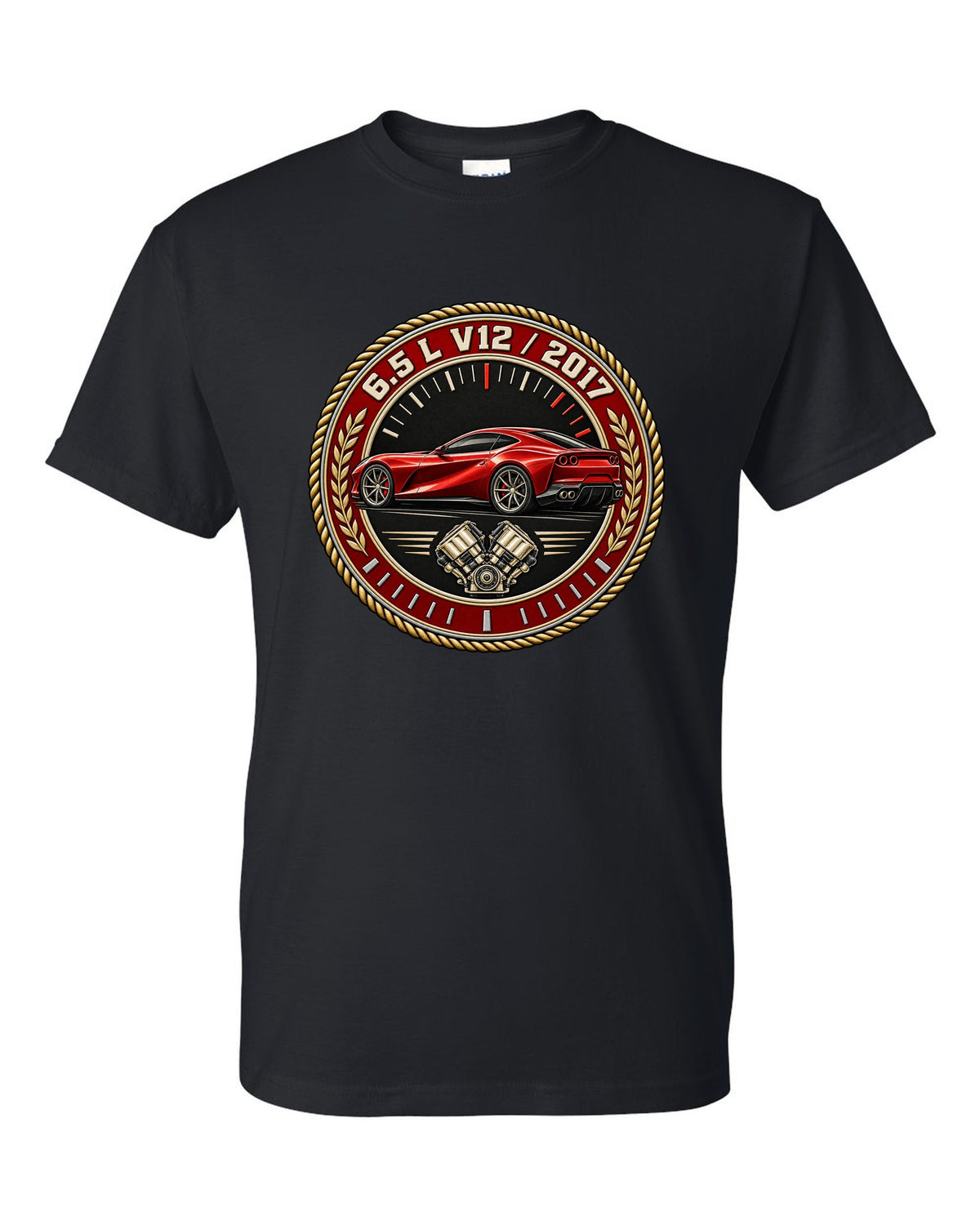 Round roundel print for the Ferrari 812 Superfast with 6.5 L V12 and 2017 lettering black t-shirt front view with the design