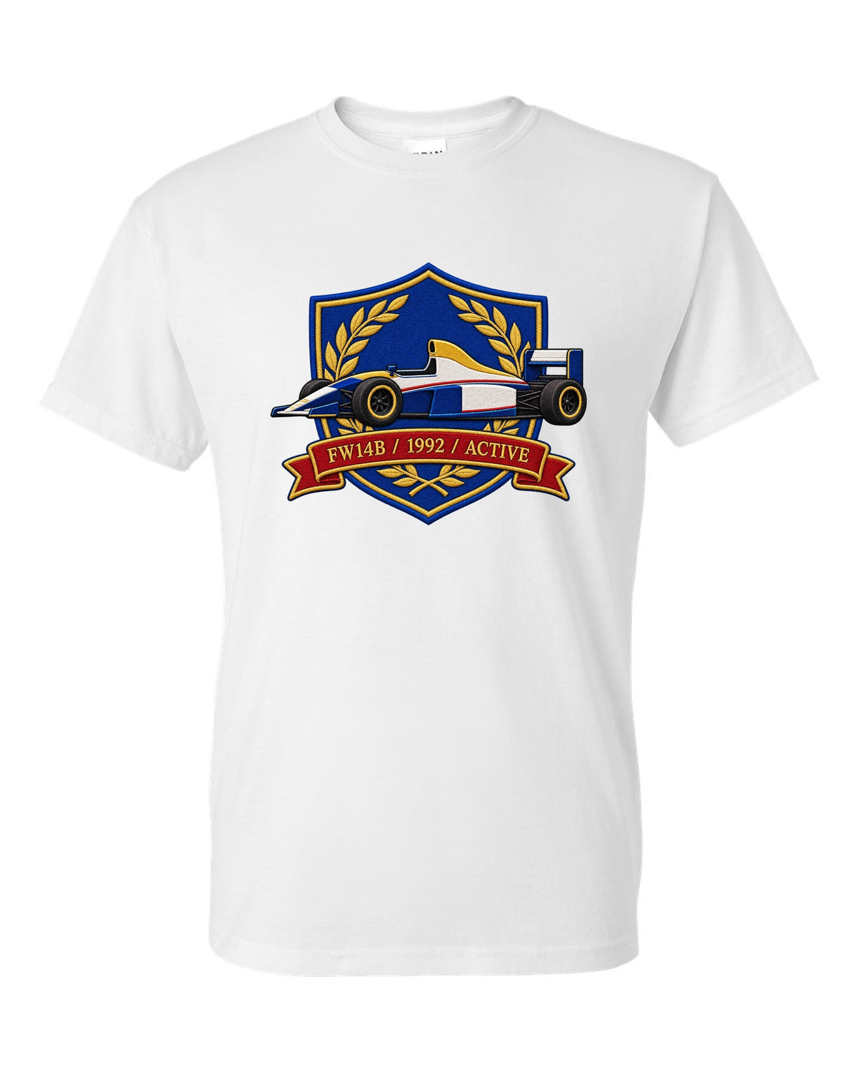 Varsity crest style Williams FW14B Formula 1 car with 1992 ACTIVE lettering white t-shirt front view with the design